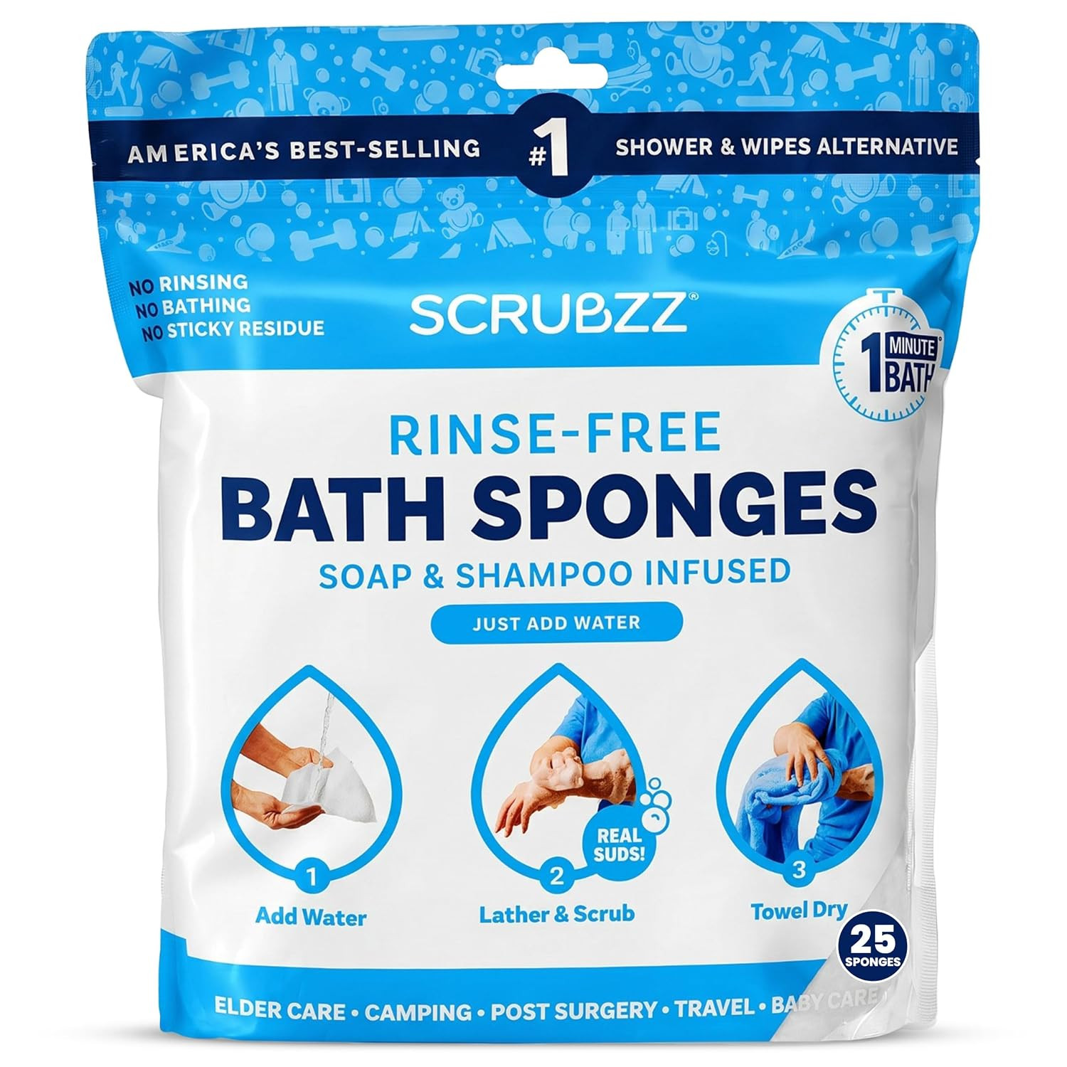 Disposable Rinse Free Bathing Wipes – 25 Pack – All-In-1 Single Use Shower Wipes