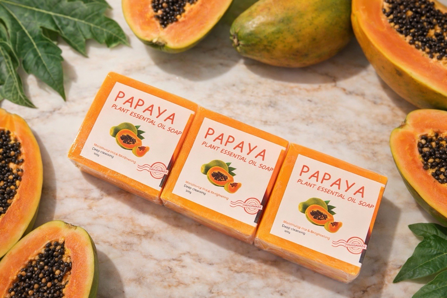 3 pk of Papaya Essential Oil Soap Whitening Anti-Aging Handmade 100g Face Body