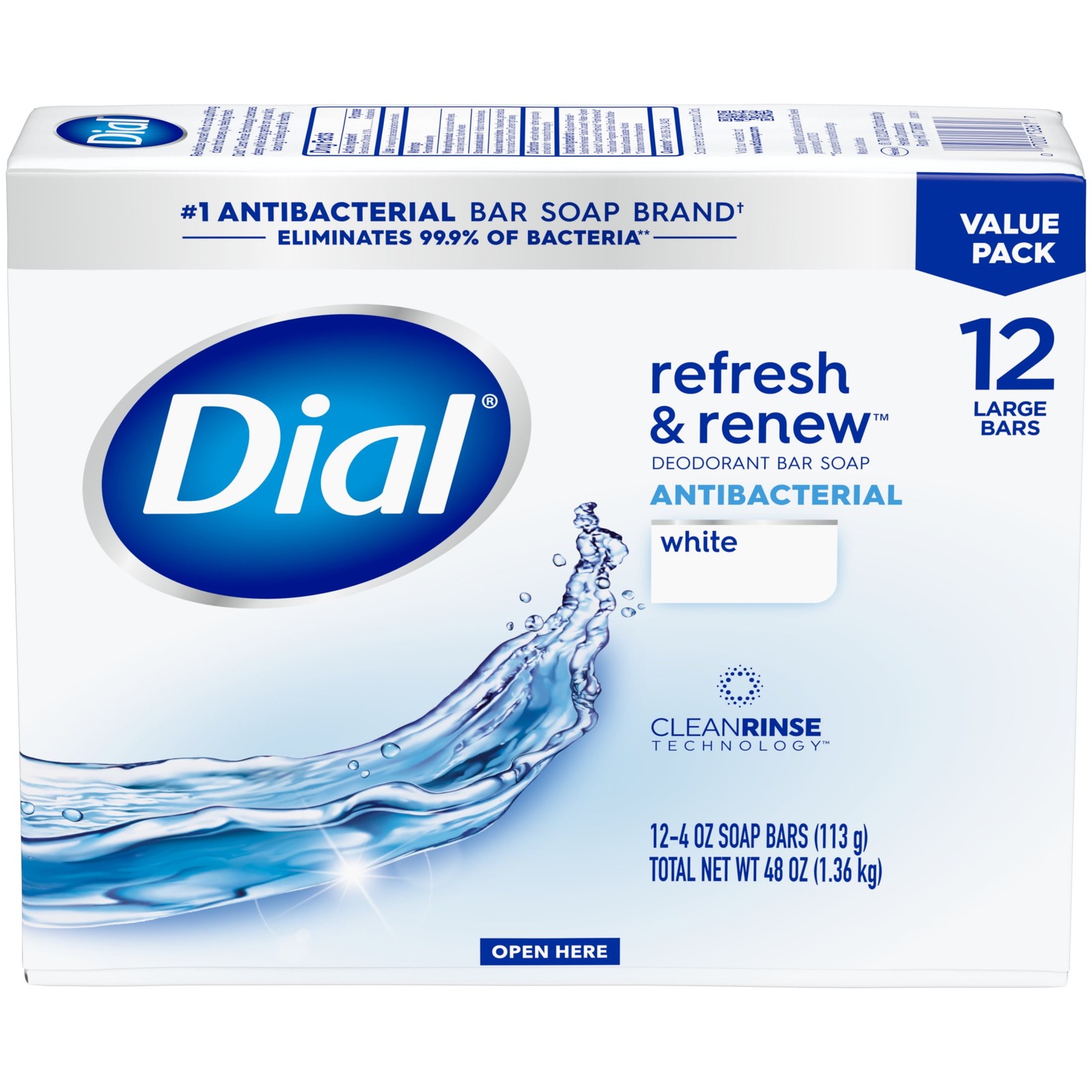 Dial Antibacterial Bar Soap, Refresh & Renew, White, 4 oz, 12 Bars