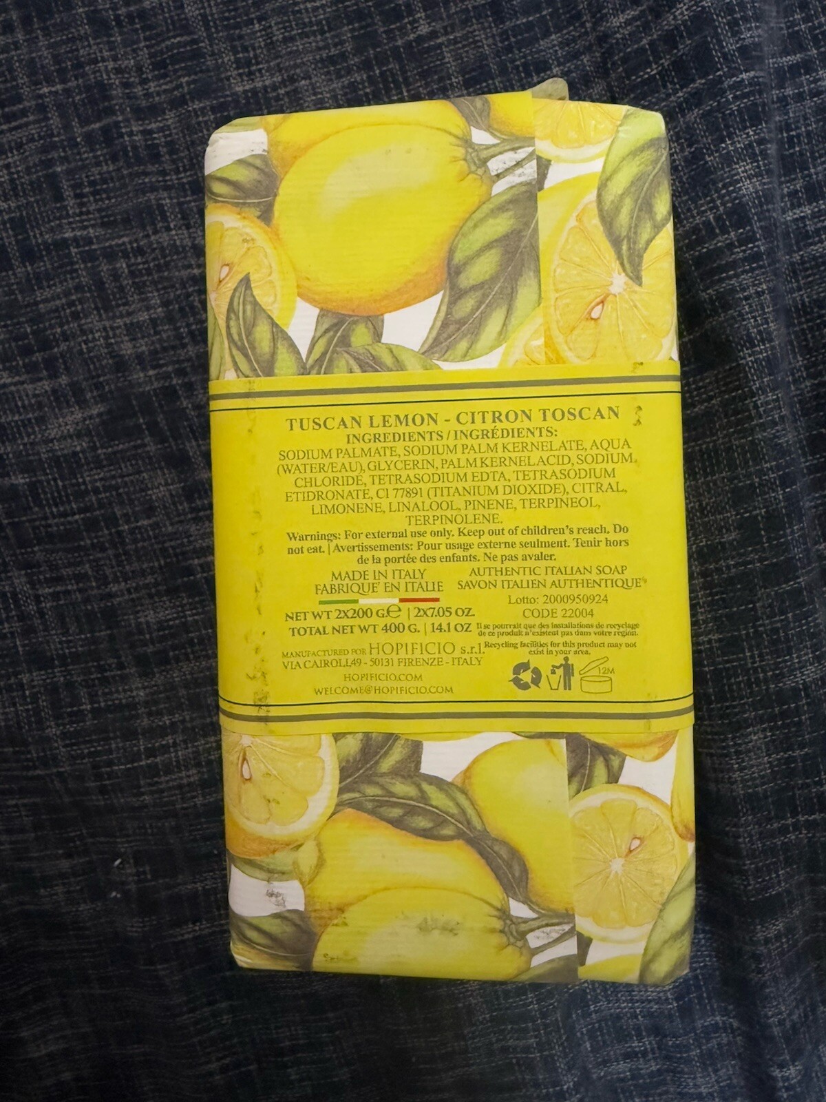 Set 2 Pcs HOPIFICIO Firenze TUSCAN LEMON Triple Milled Soap Bar 7.5 Oz X2