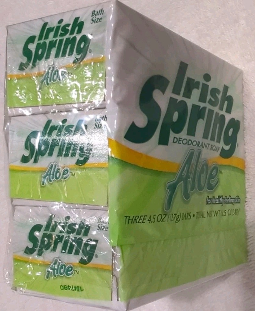 Irish Spring Aloe Deodorant Soap Bars Pack of 3 In Orig Plastic 4.5 OZ Bars NOS