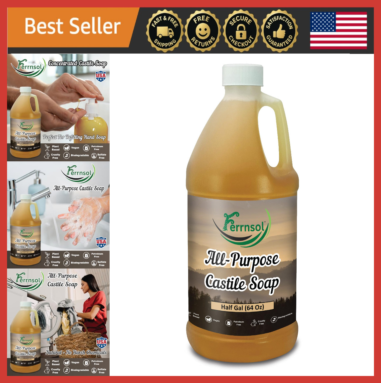 Unscented Castile Liquid Soap Refill 64oz – Natural Multi-Purpose, Non-Toxic