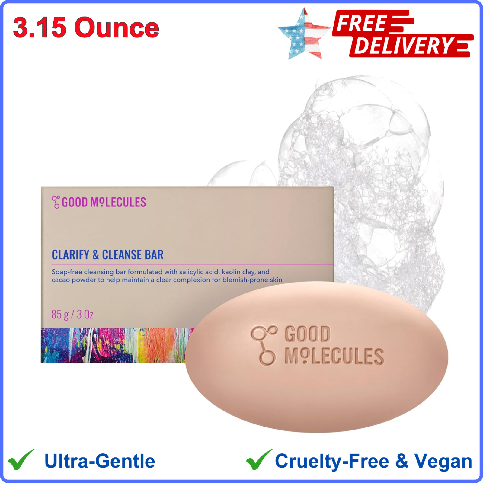 Good Molecules Clarify And Cleanse Bar – Soap Free Bar With Salicylic Acid, BHA