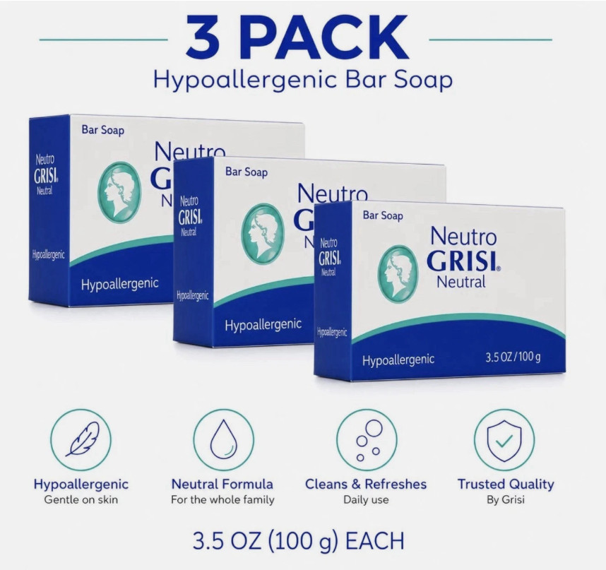 Neutro Grisi Neutral Soap 3 Pack 3.5 oz Bars Gentle pH Balanced Daily Skin Care