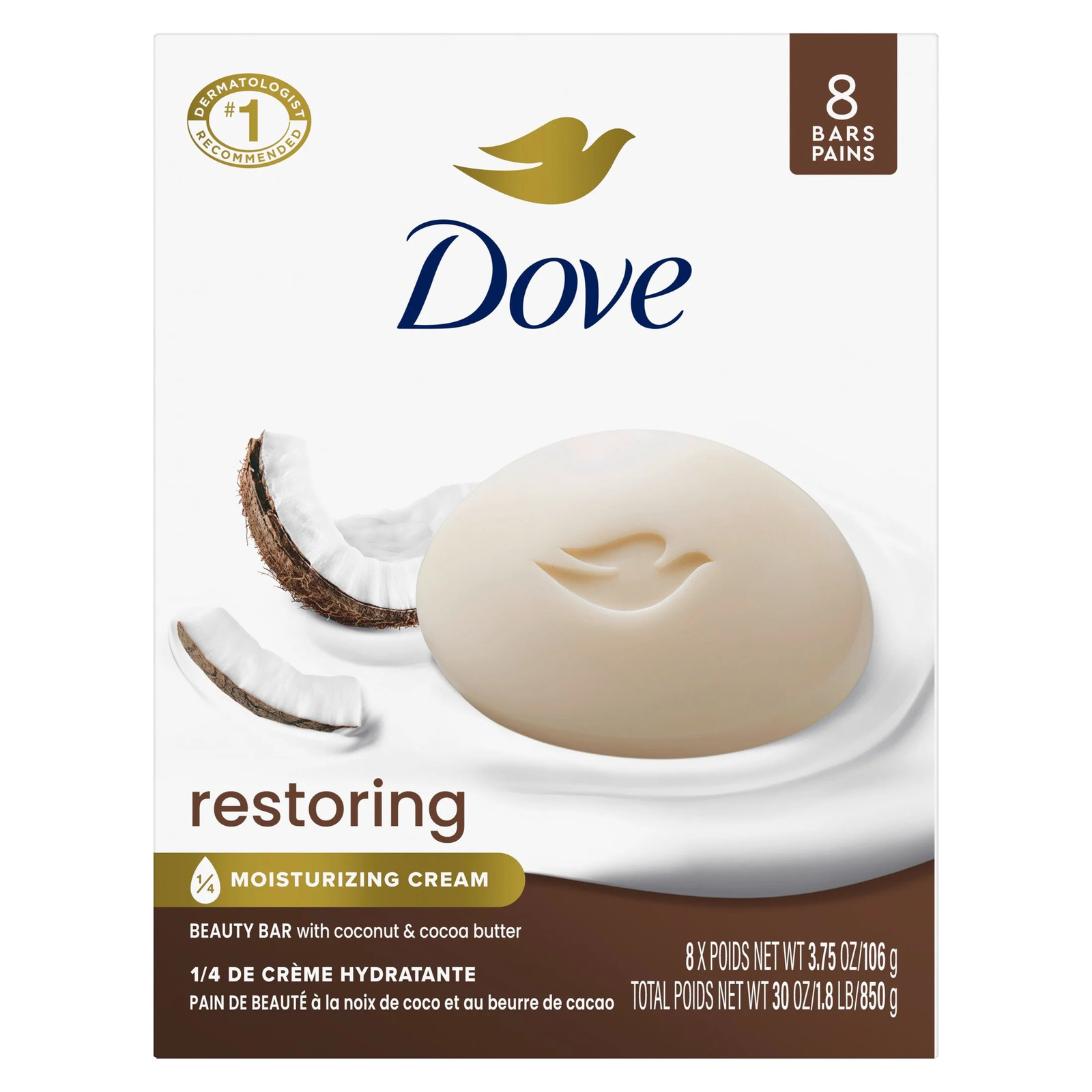 Beauty Bar Soap for Restored Skin, Restoring Coconut & Cocoa Butter, Nourishes S