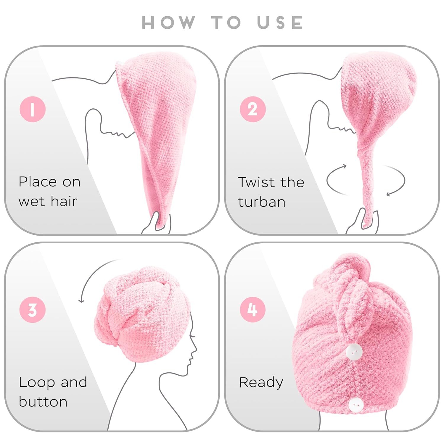 Microfiber Hair Towel for All Style, 2 Pack Quick Drying Pink
