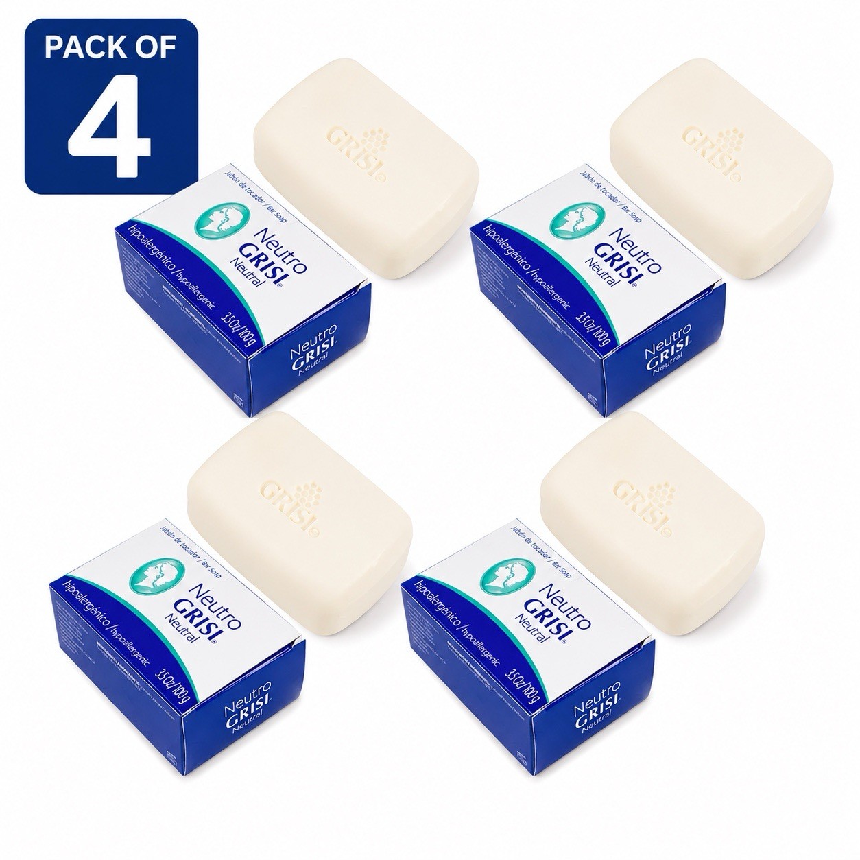 Neutro Grisi Neutral Soap 2.5 Oz Bars Pack of 4 Gentle Cleansing Formula