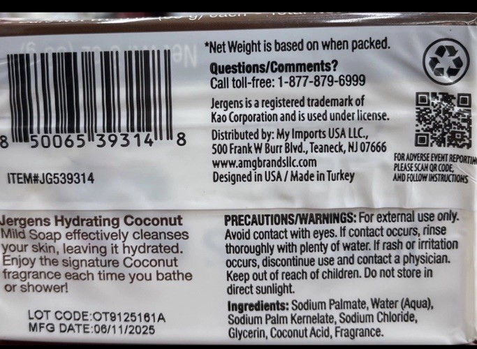 12 Bars JERGENS Mild Soap,Hydrating Coconut 6 Packs Net Wt 3 OZ Each Soap NewDPP