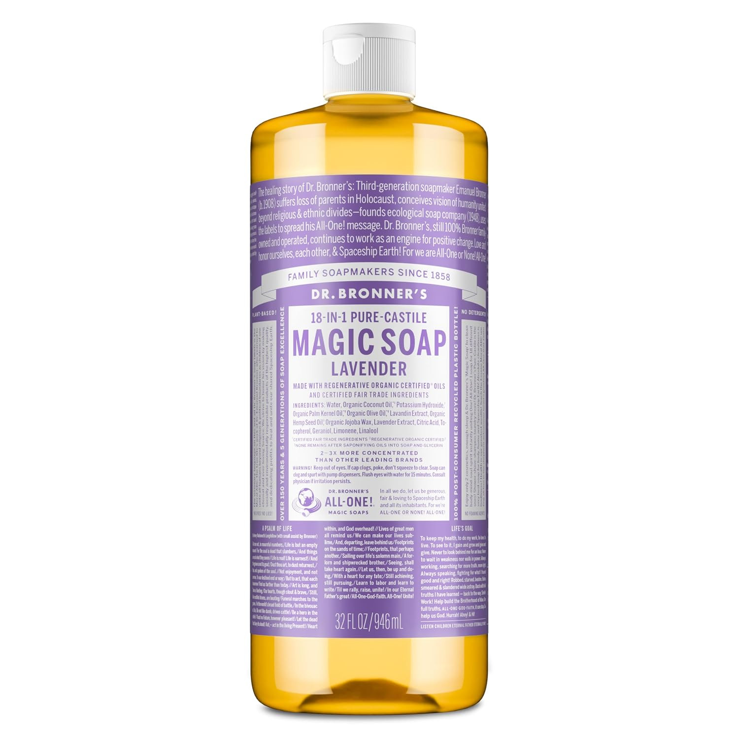 Pure-Castile Liquid Soap, Made with Organic Oils, 18-In-1 Uses: Face, Body, Hair