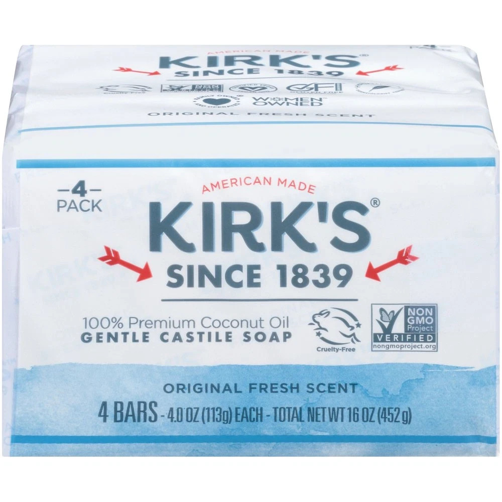 Kirk’s Castile Bar Soap – Made With Premium Coconut Oil, 4 oz. Bars, 4 Pack