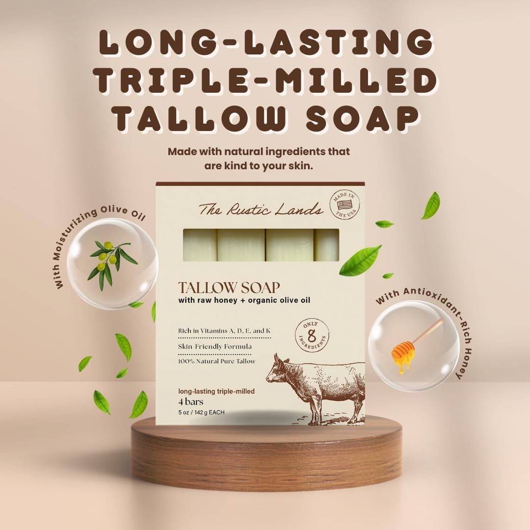 THE RUSTIC LANDS Grass Fed Beef Tallow Soap Bars Set of 4 with Honey & Olive Oil