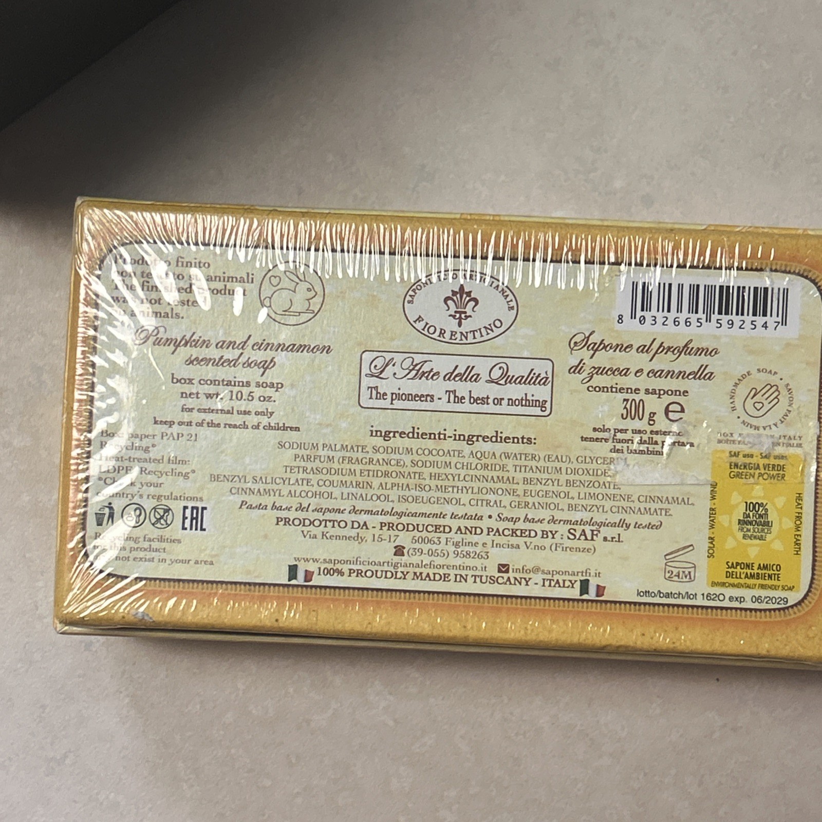 La Saponeria Firenze Pumpkin & Cinnamon Scented Soap 10.5oz Bar New Sealed