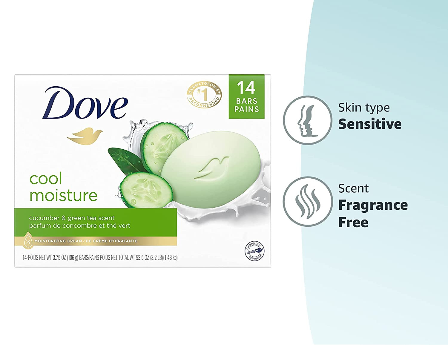 Dove Beauty Bar Cucumber & Green Tea 3.75 Oz Moisturizing Soap 14 Bars