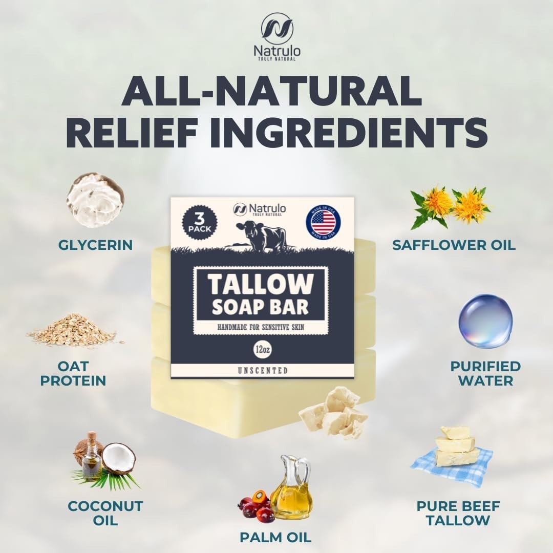 Beef Tallow Soap Bar, Unscented, Handmade, Dye-Free, Hypoallergenic