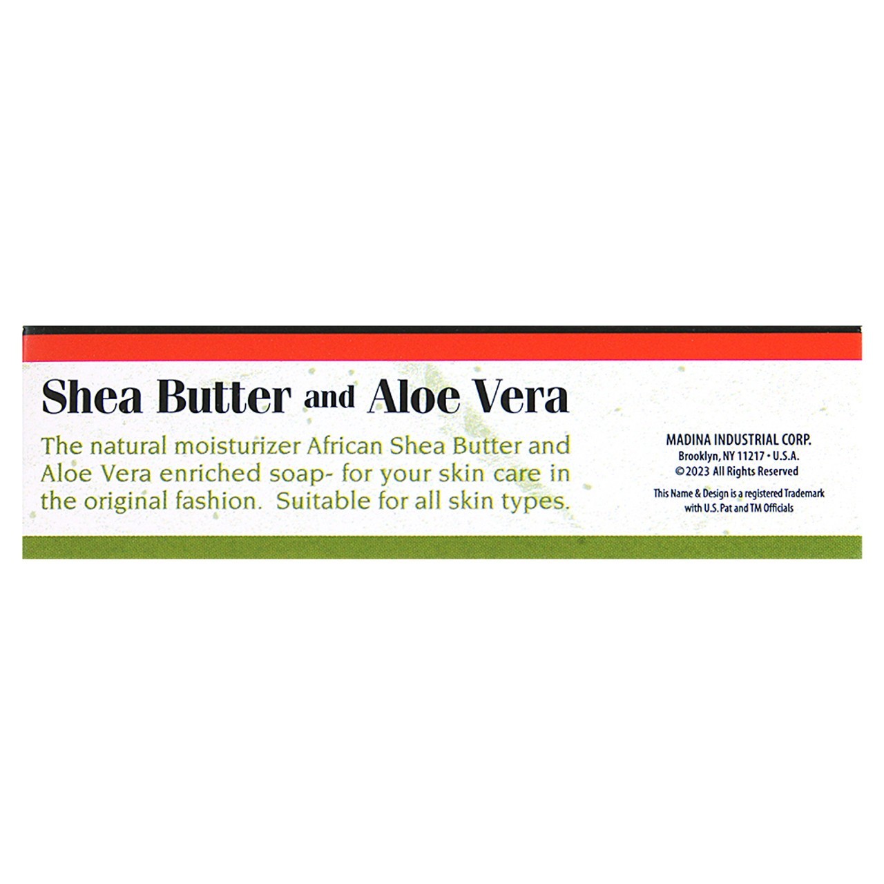 X3 Madina: Shea Butter & Aloe Vera Soap – 3½ oz 100% Vegetable base.