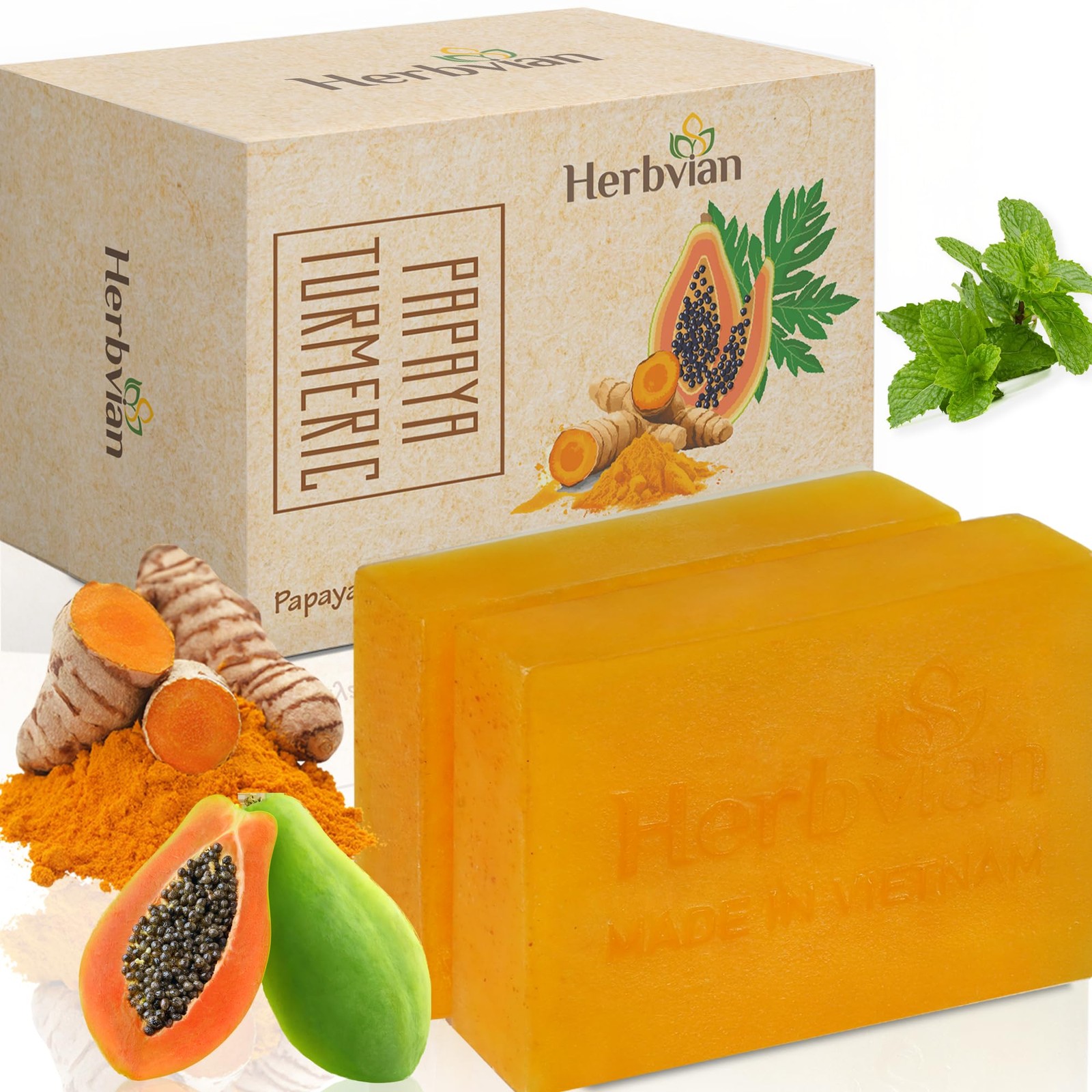2 Pcs Vietnamese Natural Papaya & Turmeric Soap Bar, Turmeric Soap For & Body…