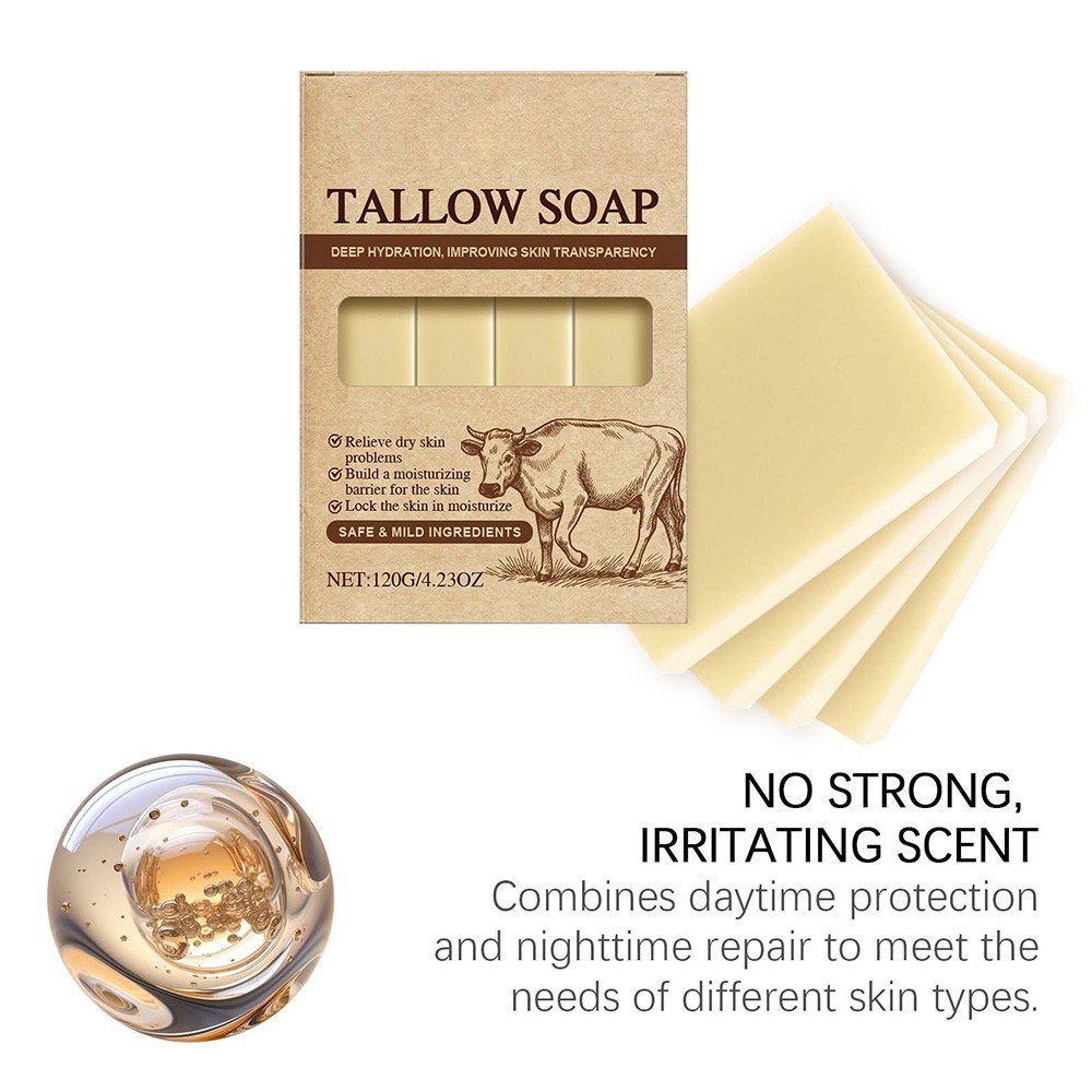 Beef Tallow Soap Bar, 4 Bars All Natural Grass Fed Tallow Soap,Moisturizing Body