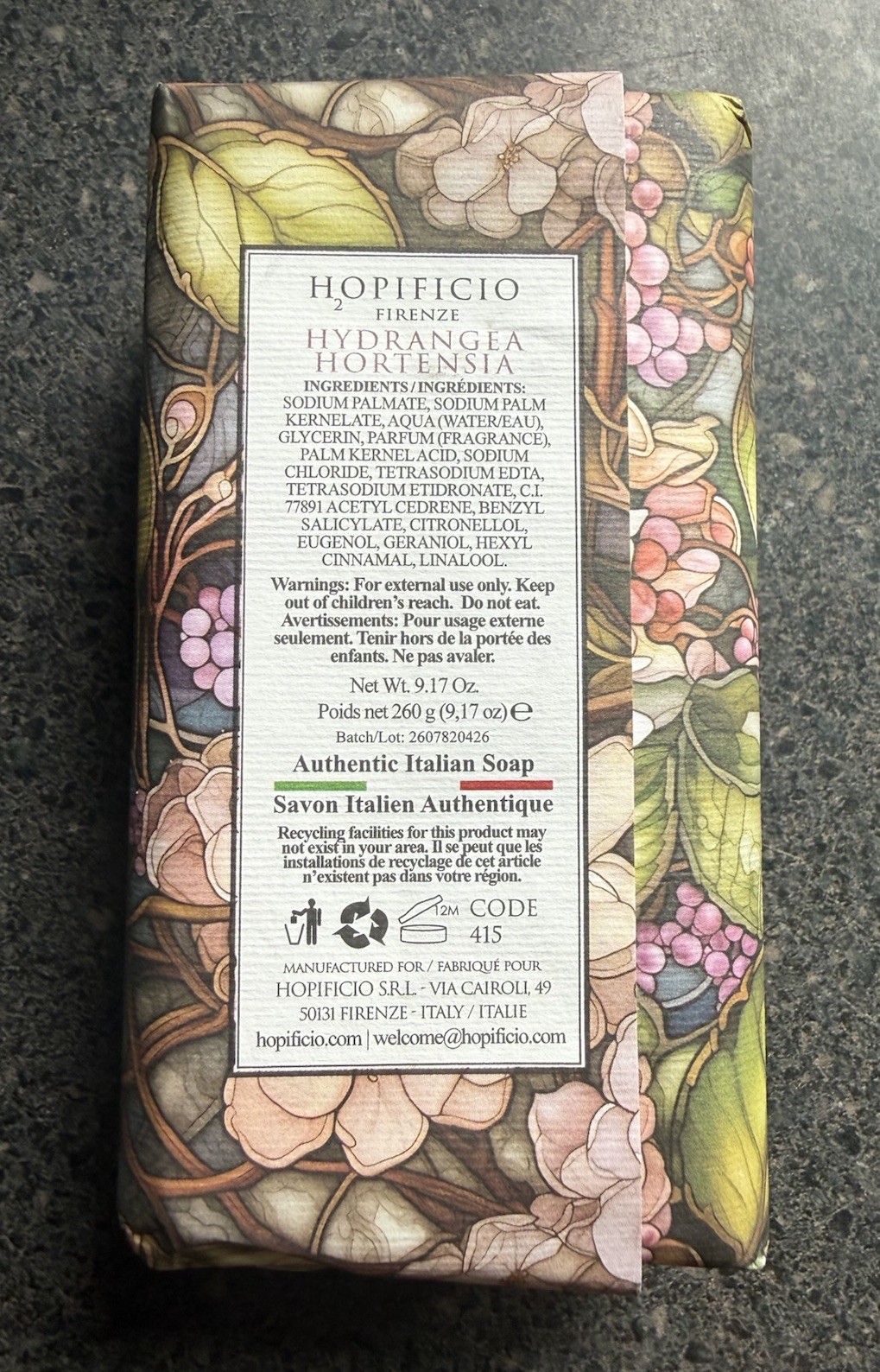 Hopificio HYDRANGEA Finest Triple Milled Bar Soap 9.17oz AUTHENTIC ITALIAN SOAP