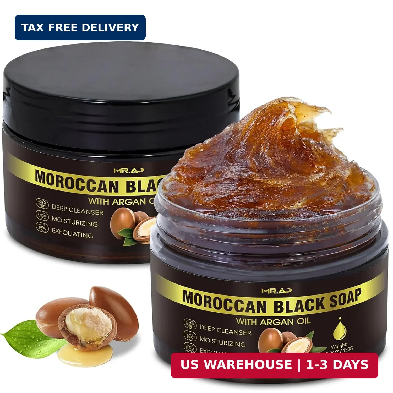 2Pack Moroccan Black Soap with Argan Oil, Morocco Black Beldi Soap Hammam Ritual