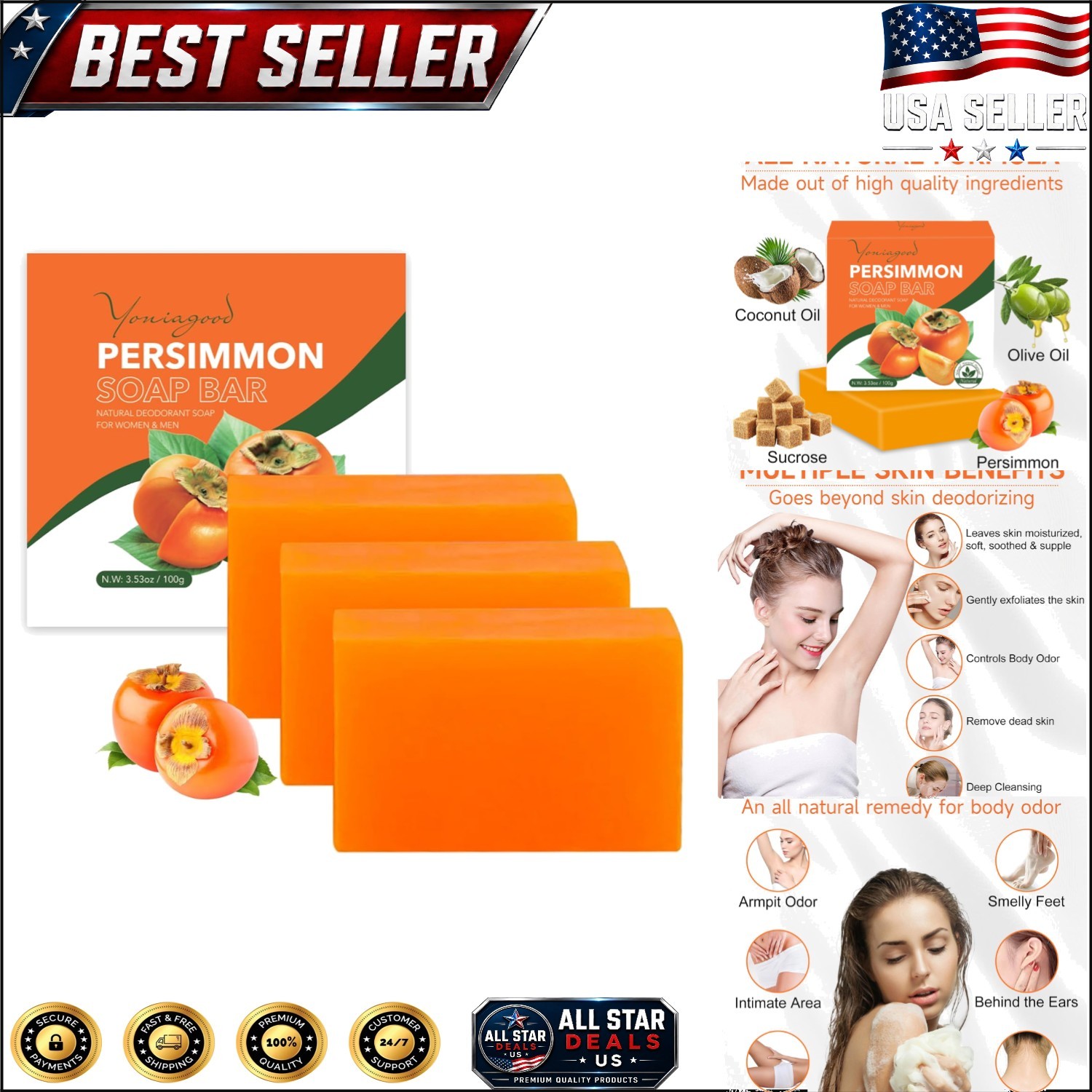 Refreshing Natural Persimmon Soap – 3 PCS for Effective Odor Control & Hydration