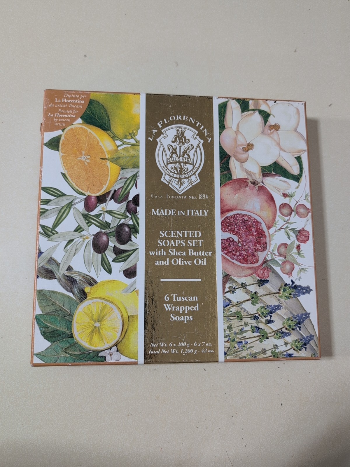 LA FLORENTINA Italian Soap Set 6pcs x 3.7 Oz Each Assorted Lavender Iris Boxed
