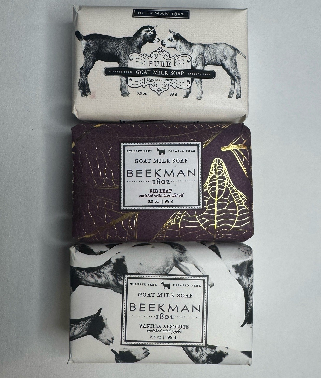 Beekman 1802 Goat Milk 3 Bars Soap VANILLA ABSOLUTE, FIG LEAF, FRAGRANCE FREE