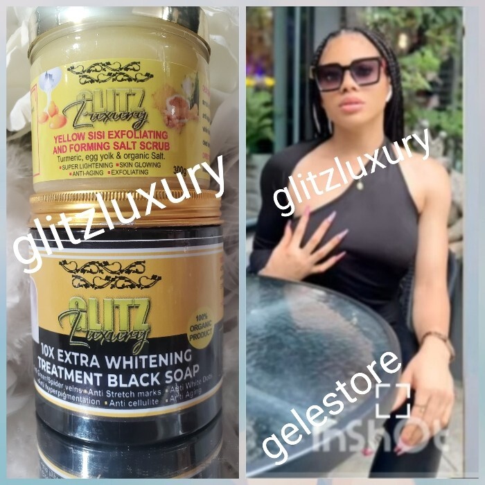 2pc. Glitz luxury 10X Whitening treatment Black Soap👌 & Yellow Sisi salt scrub