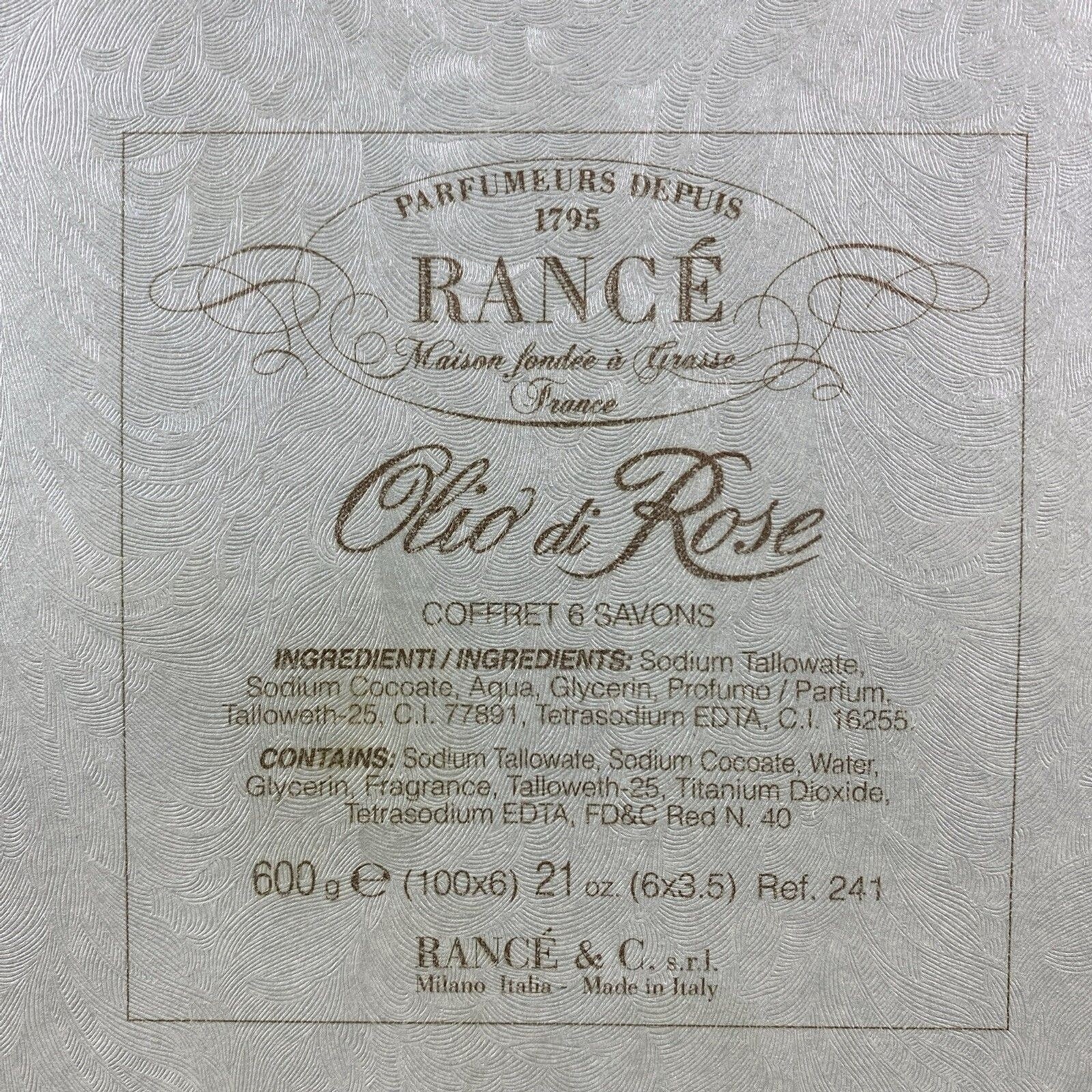 Rance 1795 Olio di Rose Fine Soaps 6 x 100g Bars Wrapped Gift Box Italy Luxury