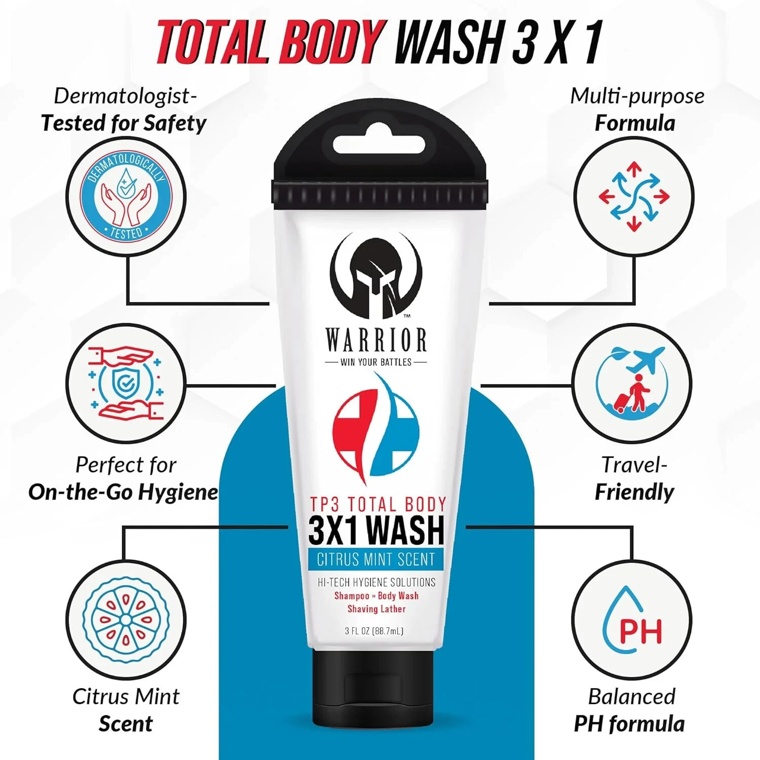 Warrior 3 in 1 Body Wash For Men Women Travel Size Liquid Soap Citrus Mint 6Pack