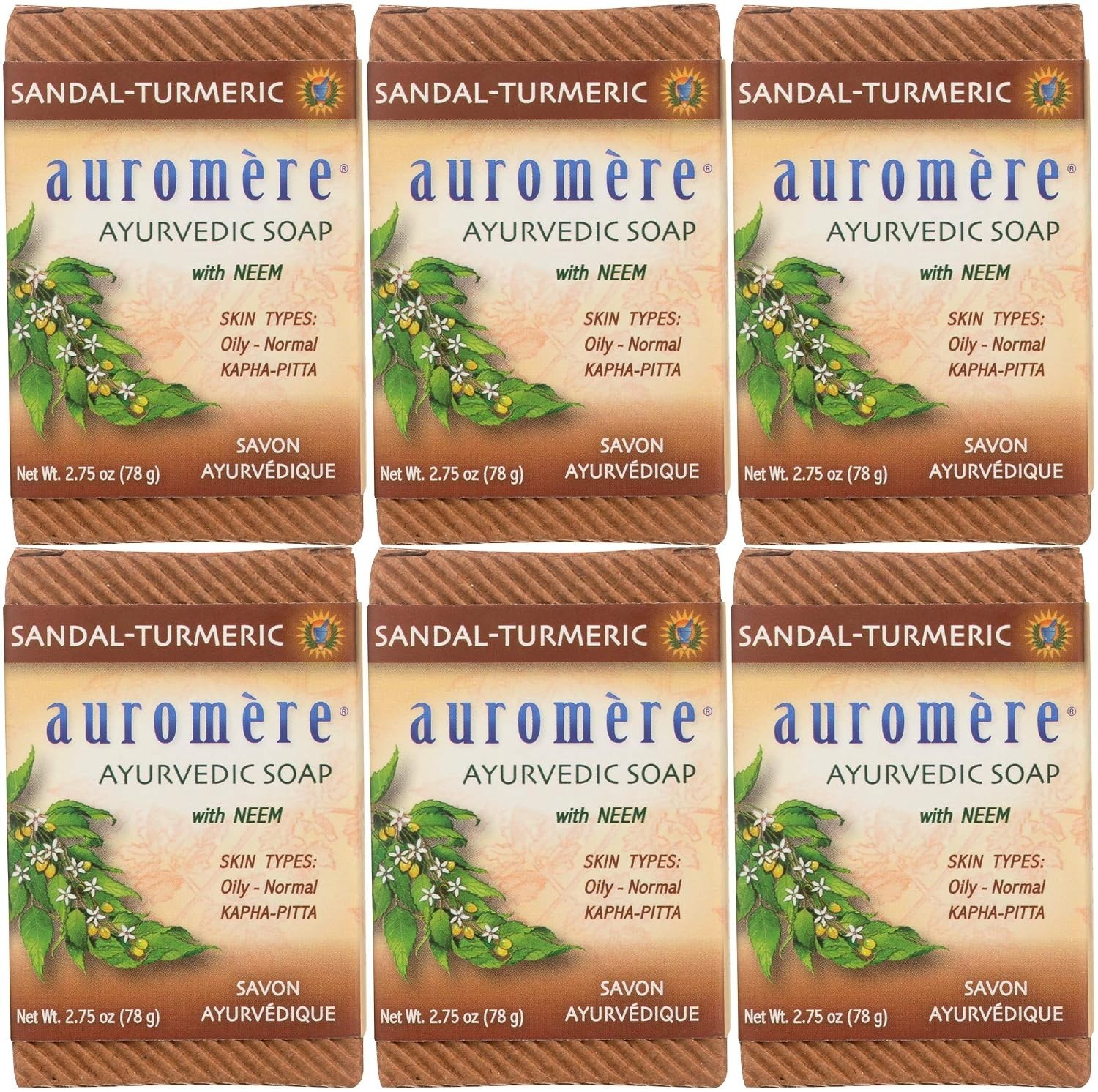 Auromere Ayurvedic Bar Soap, Sandal Turmeric (2.75 oz), 6 pack