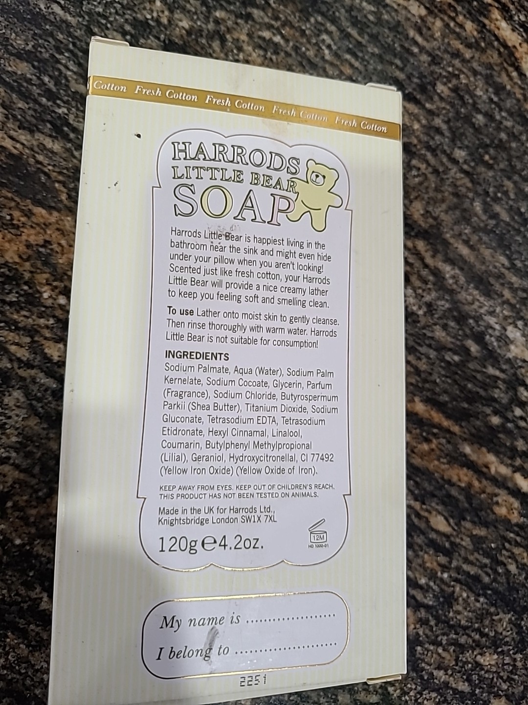Harrods Fine Soaps Luxury Honey BEAR Soap 4.2 oz Triple Milled Fresh Cotton