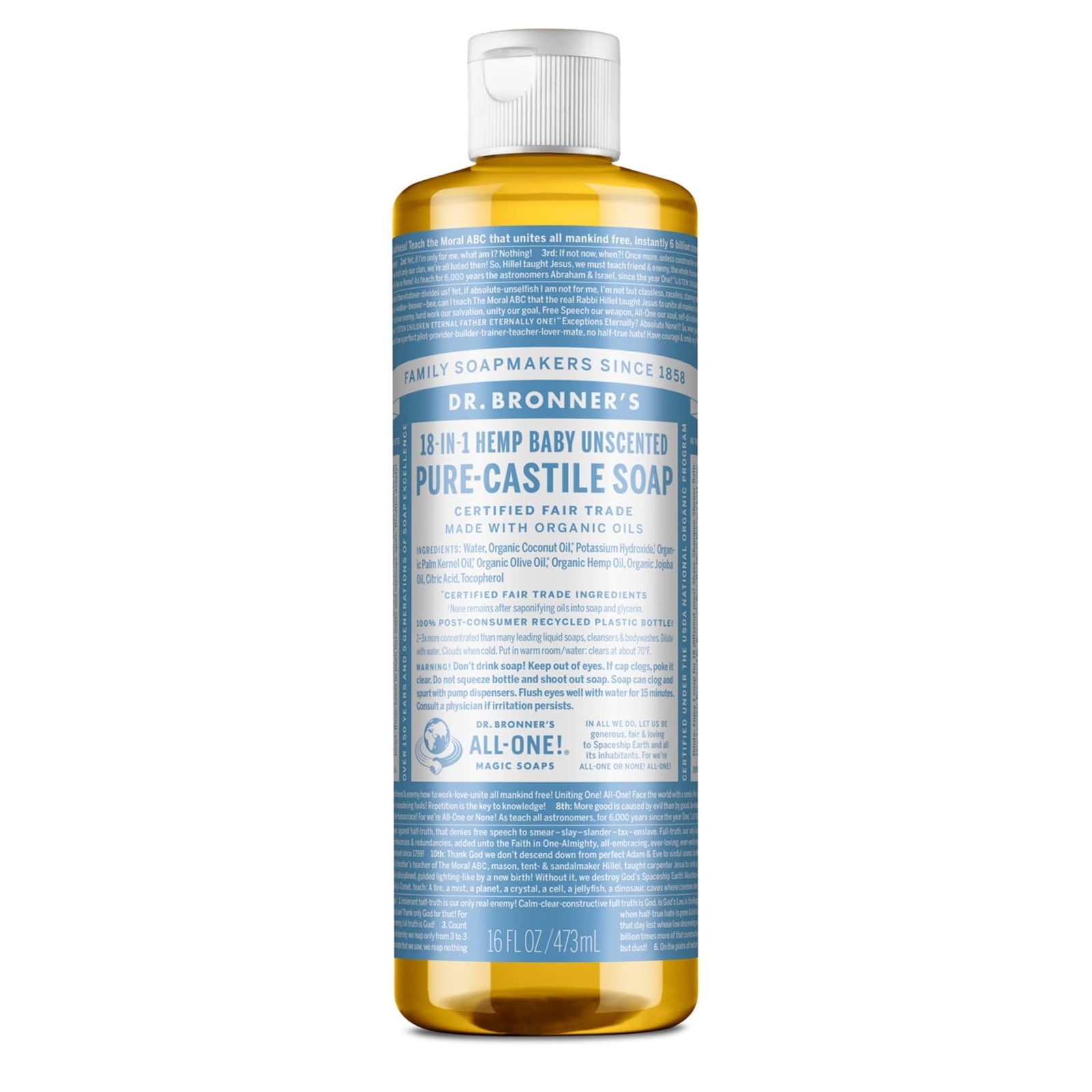 Dr Bronner’s Pure Castile Liquid Soap Baby Unscented 16 Oz Organic Fair Trade