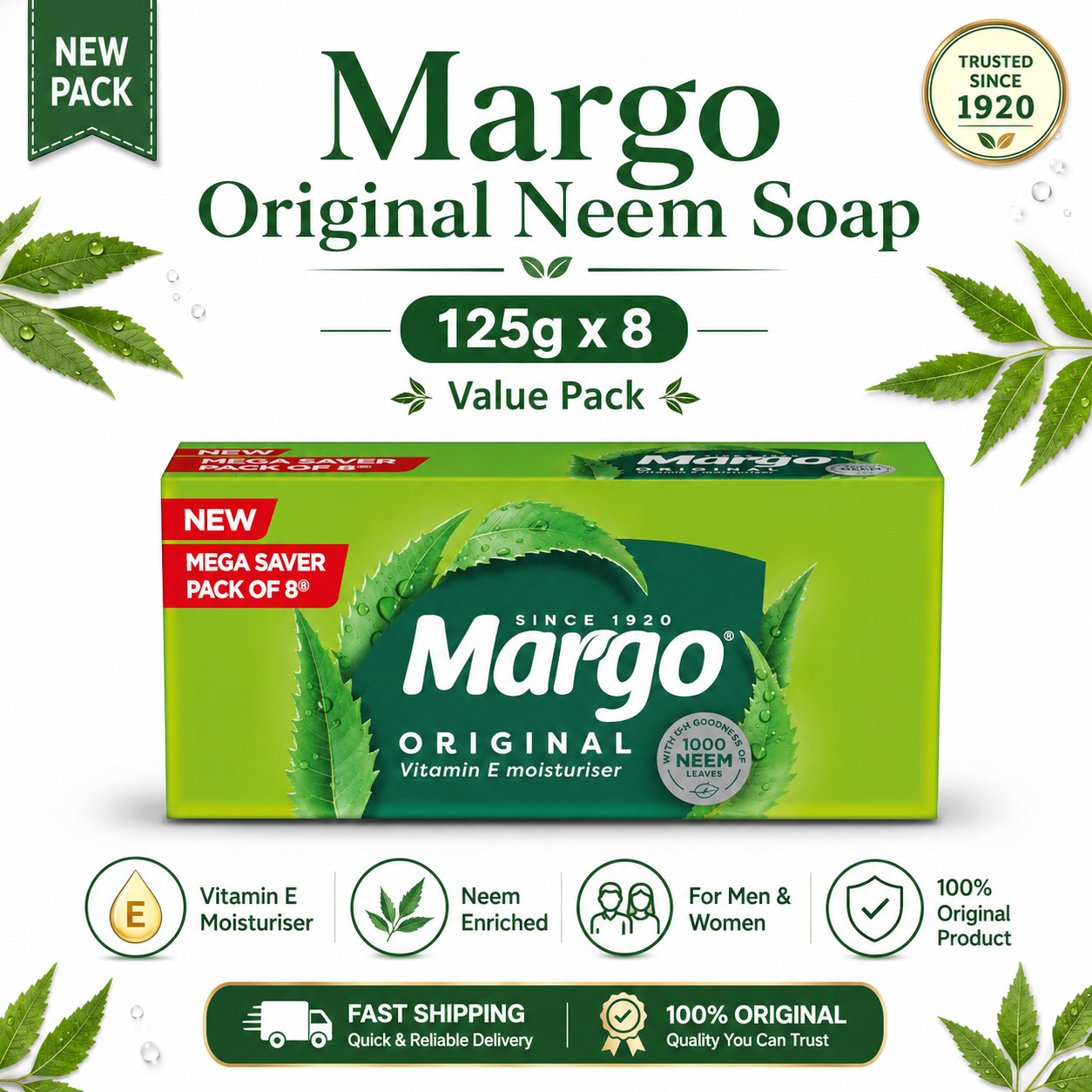 Margo Original Neem Soap 125g x8 Vitamin E Moisturizing Bathing Bars