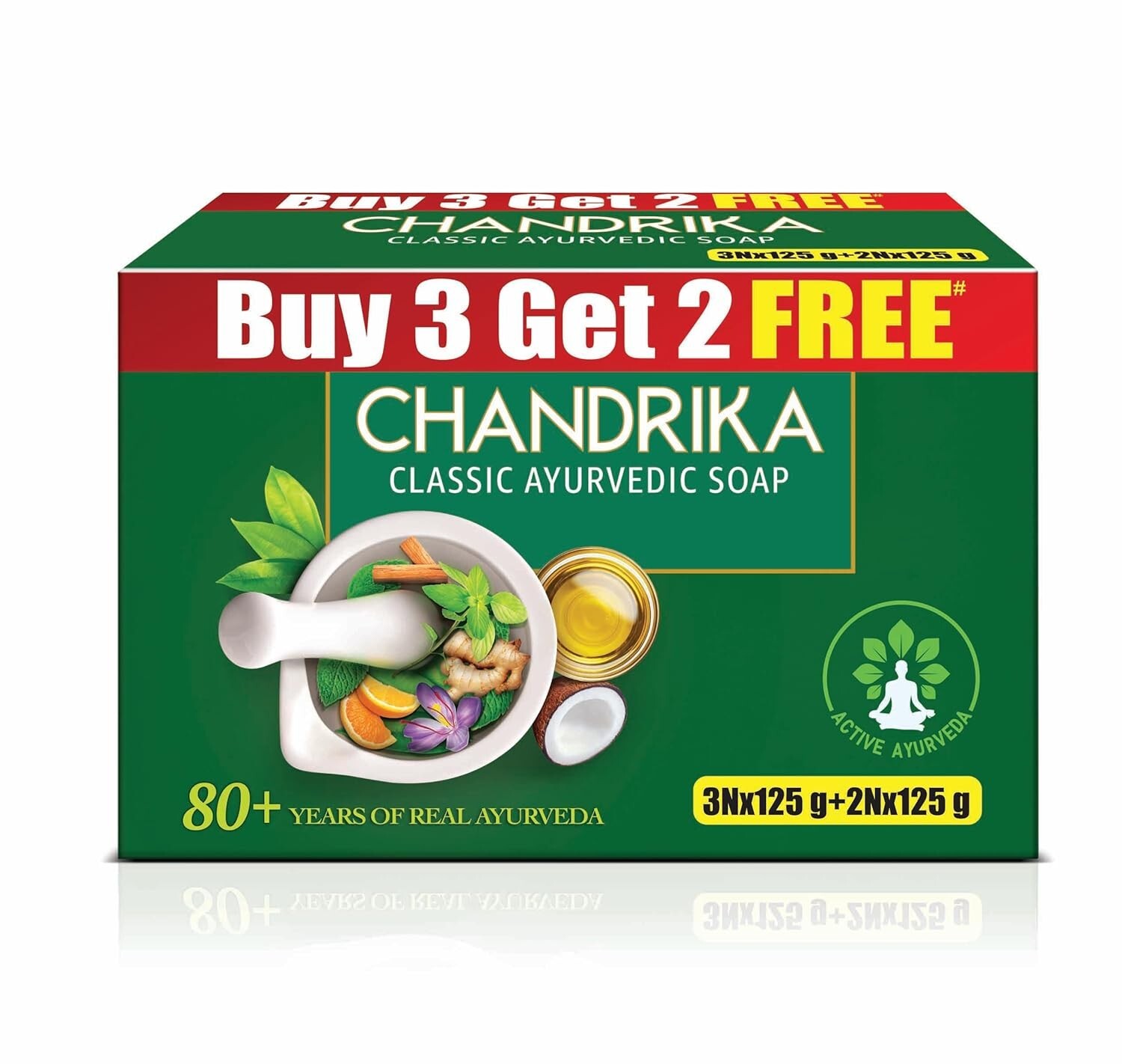 Chandrika Ayurvedic Handmade Soap, 125 grams (Pack of 3) with 2 Free 125 grams