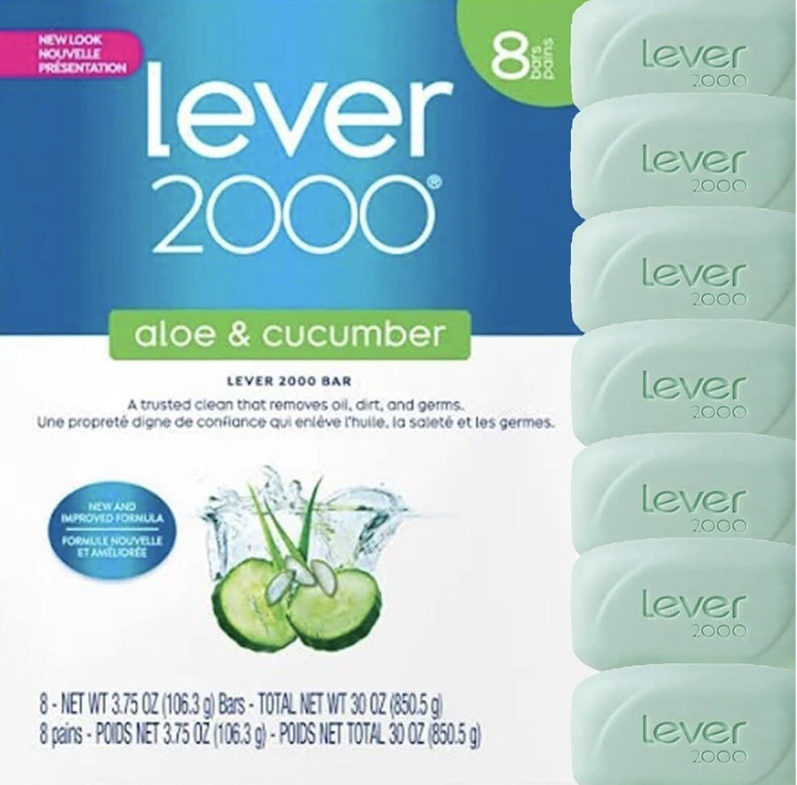 Lever 2000 Soap aloe & cucumber 3.75 oz each, 2 Pack With 8 Bars, Total 16 Bars