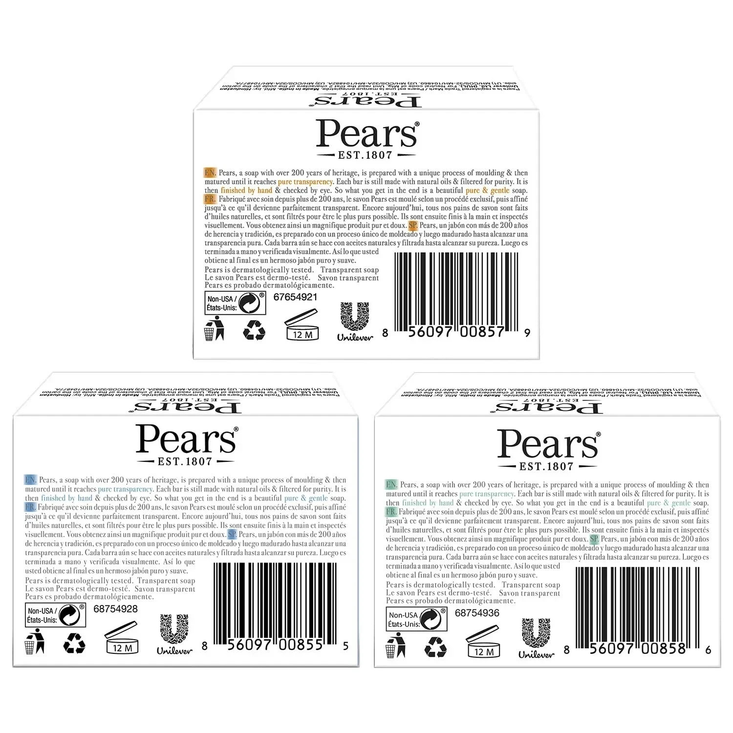 Pears Glycerin Soap Variety 12-Pack Transparent Amber Blue & Green Bars 125g