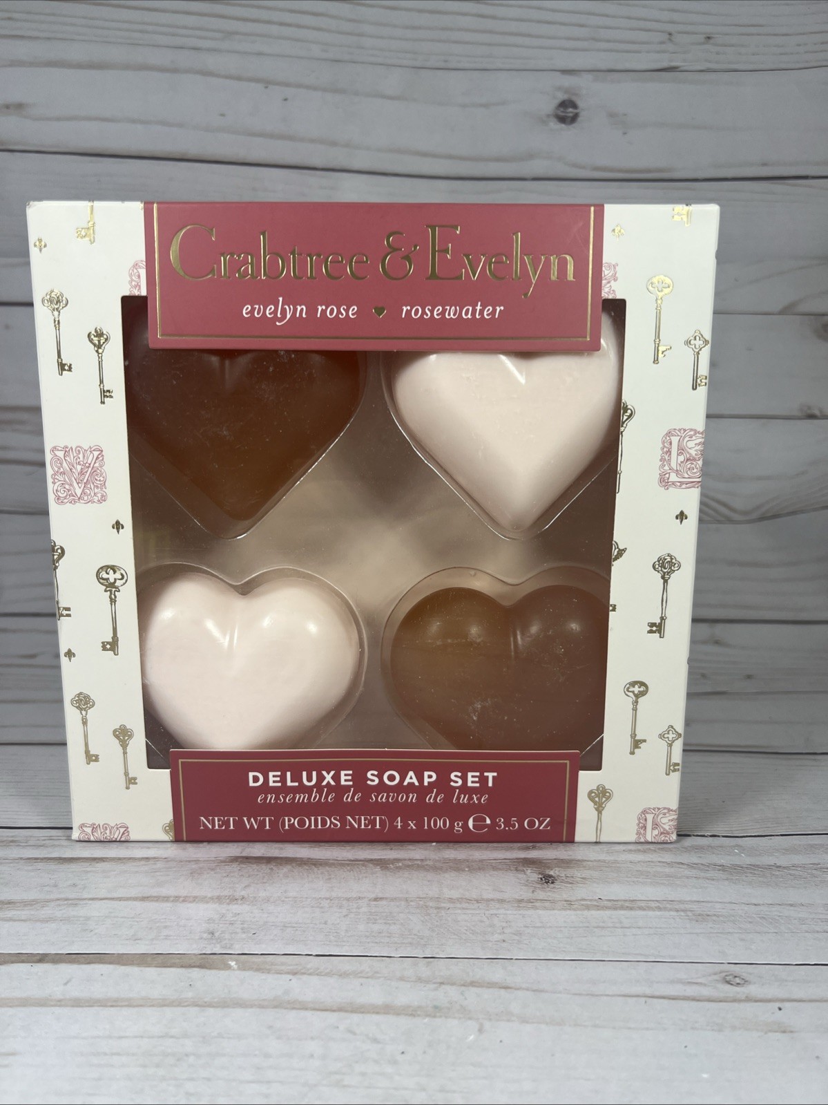 Crabtree & Evelyn Rose Rosewater Heart Shaped Deluxe Soap Set 4 Pink Red Bars
