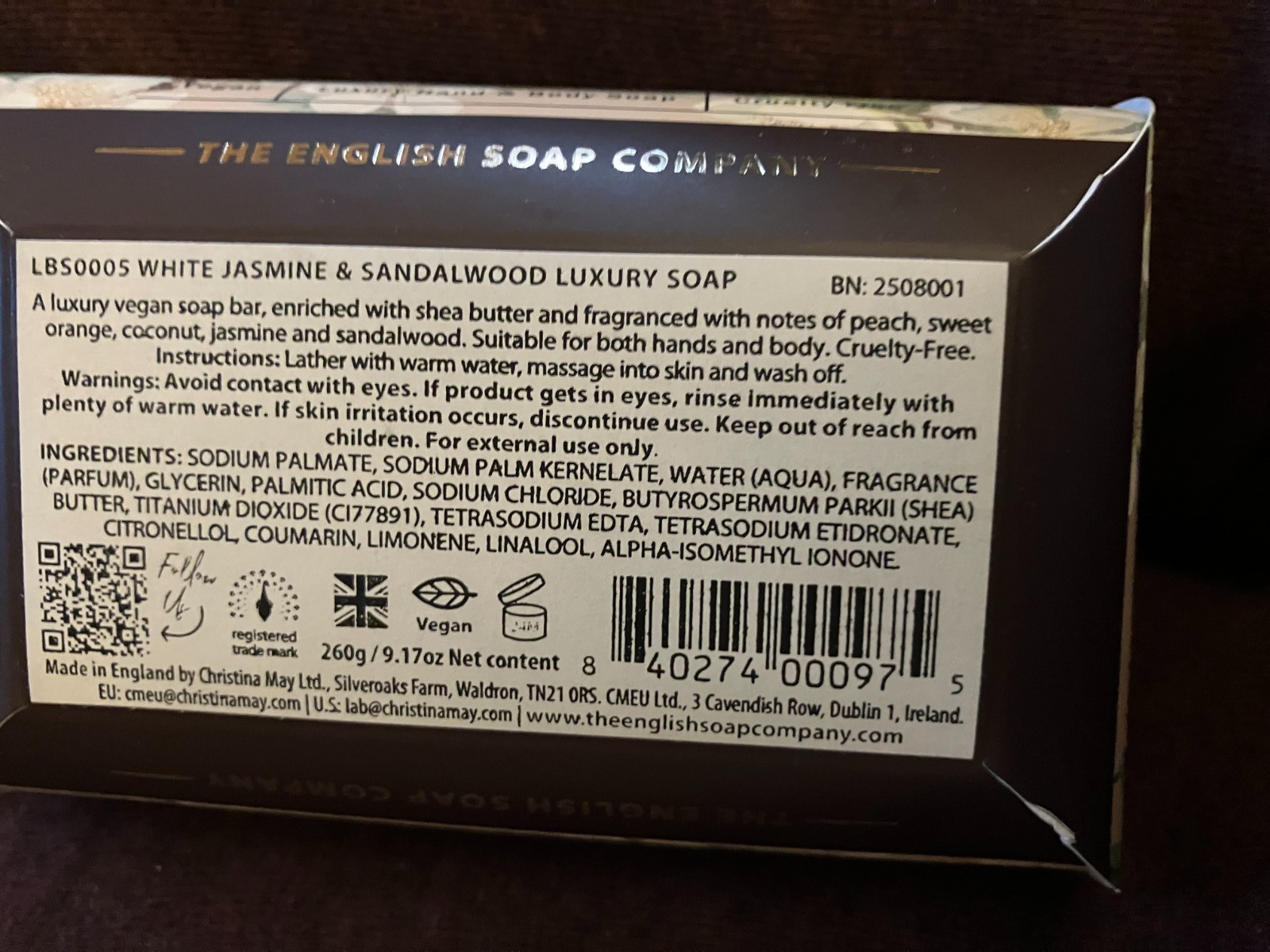WHITE JASMINE & SANDALWOOD The English Soap Company soap w/shea butter VEGAN