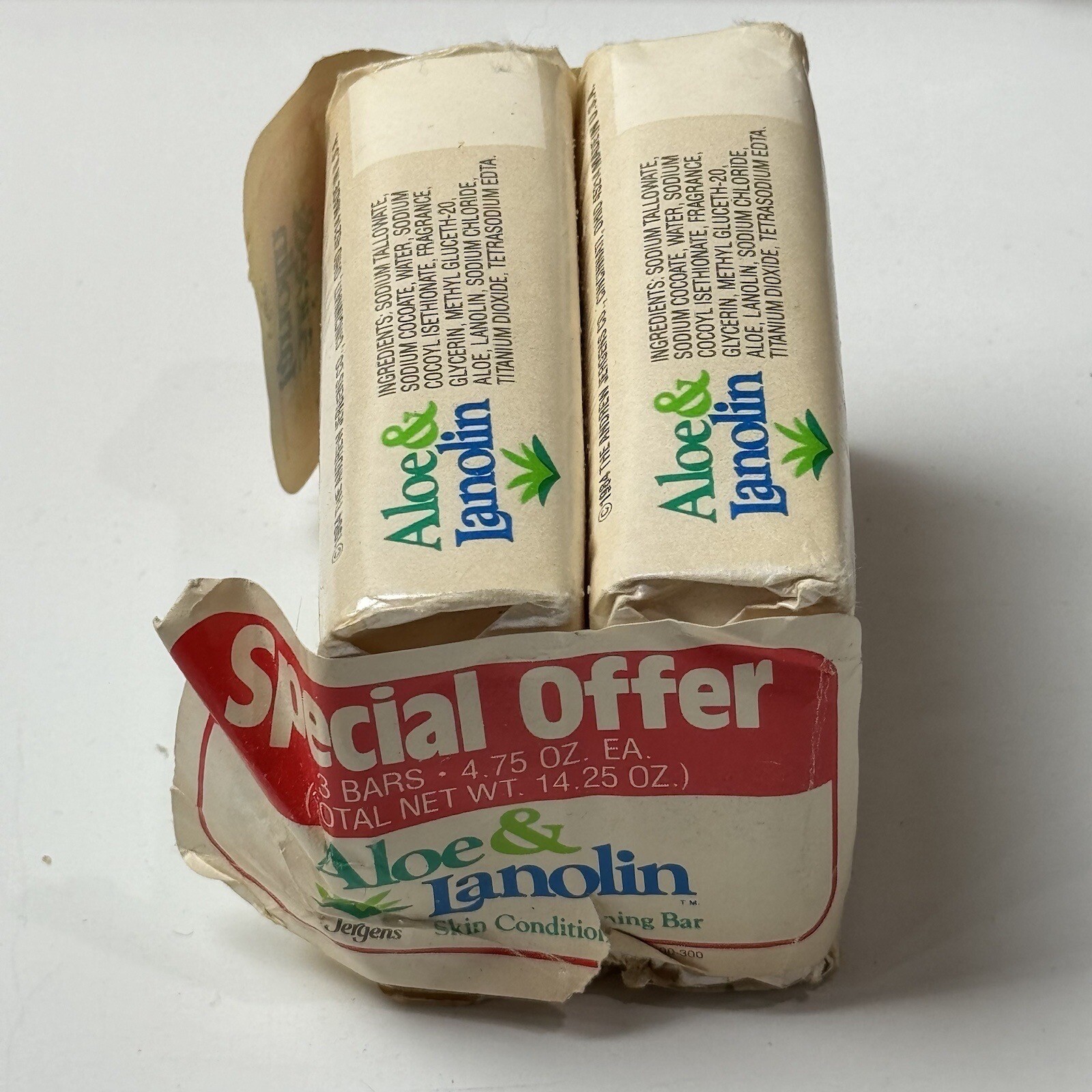 Vintage 2X Jergens Aloe & Lanolin Bar Soap 4.75 oz Made In USA 1984