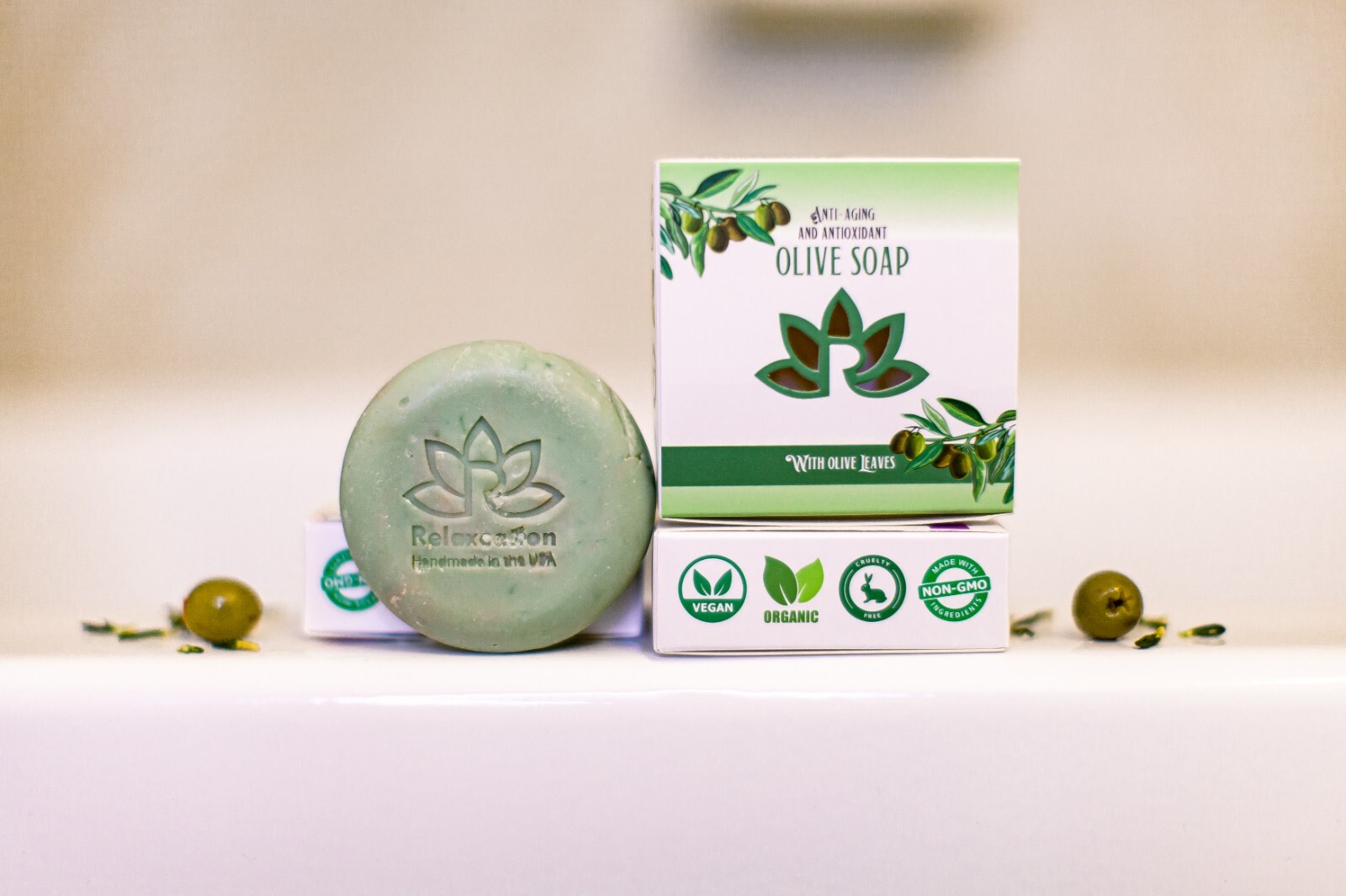 Natural Cold Process Olive Oil Soap Bar with Organic Olive Oil and Olive Leaves