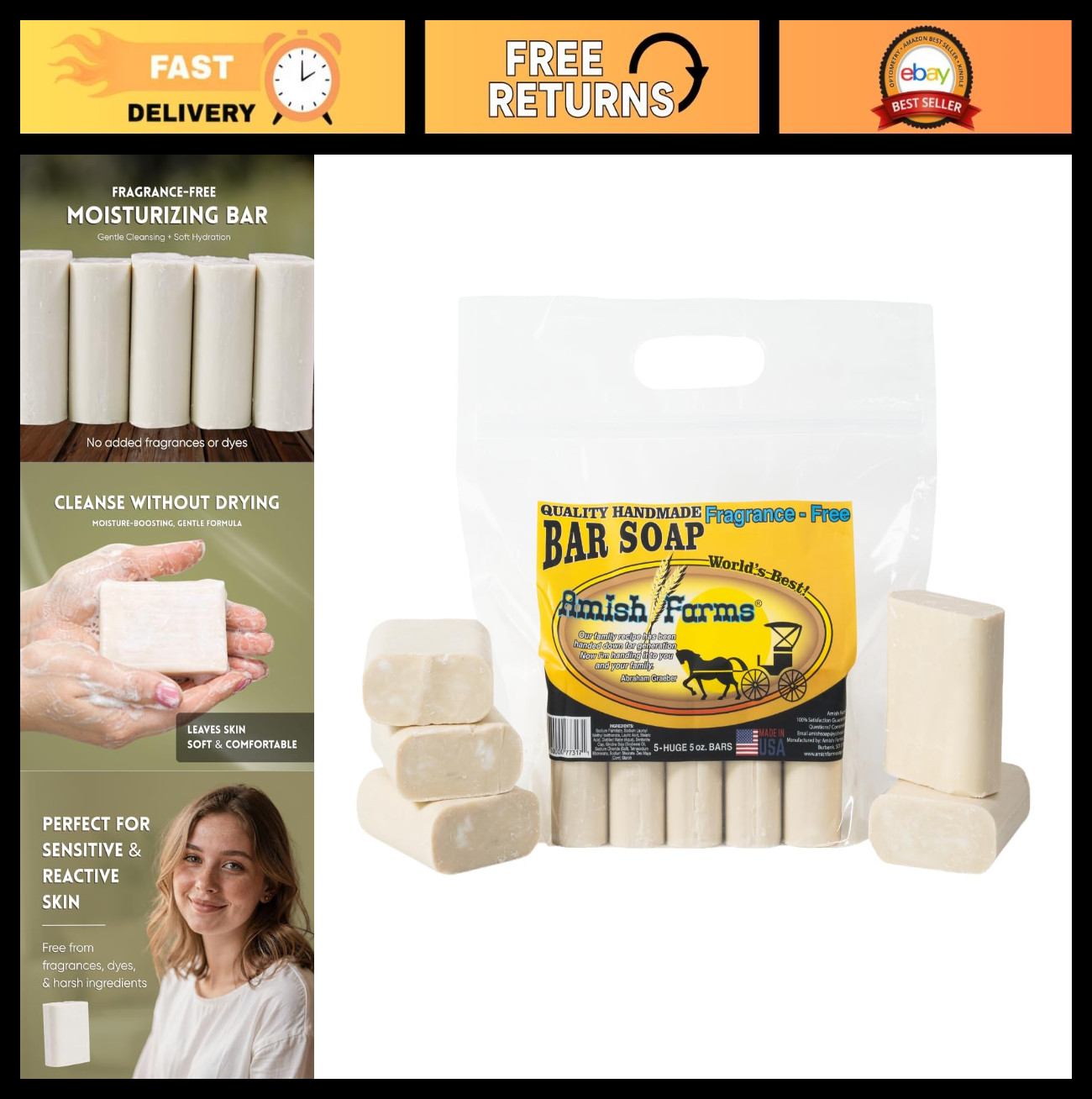 Fragrance-Free Bar Soap with Bentonite Clay – 5 oz (5 Pack) Vegan, Moisturizing