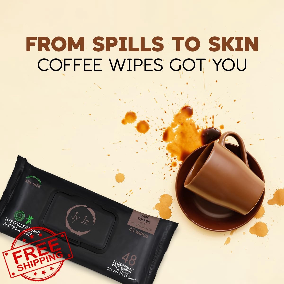 JYJZ – Flushable Wet Wipes, 6 Pack (288 Wipes), Café Toffee, Disposable, Biod…