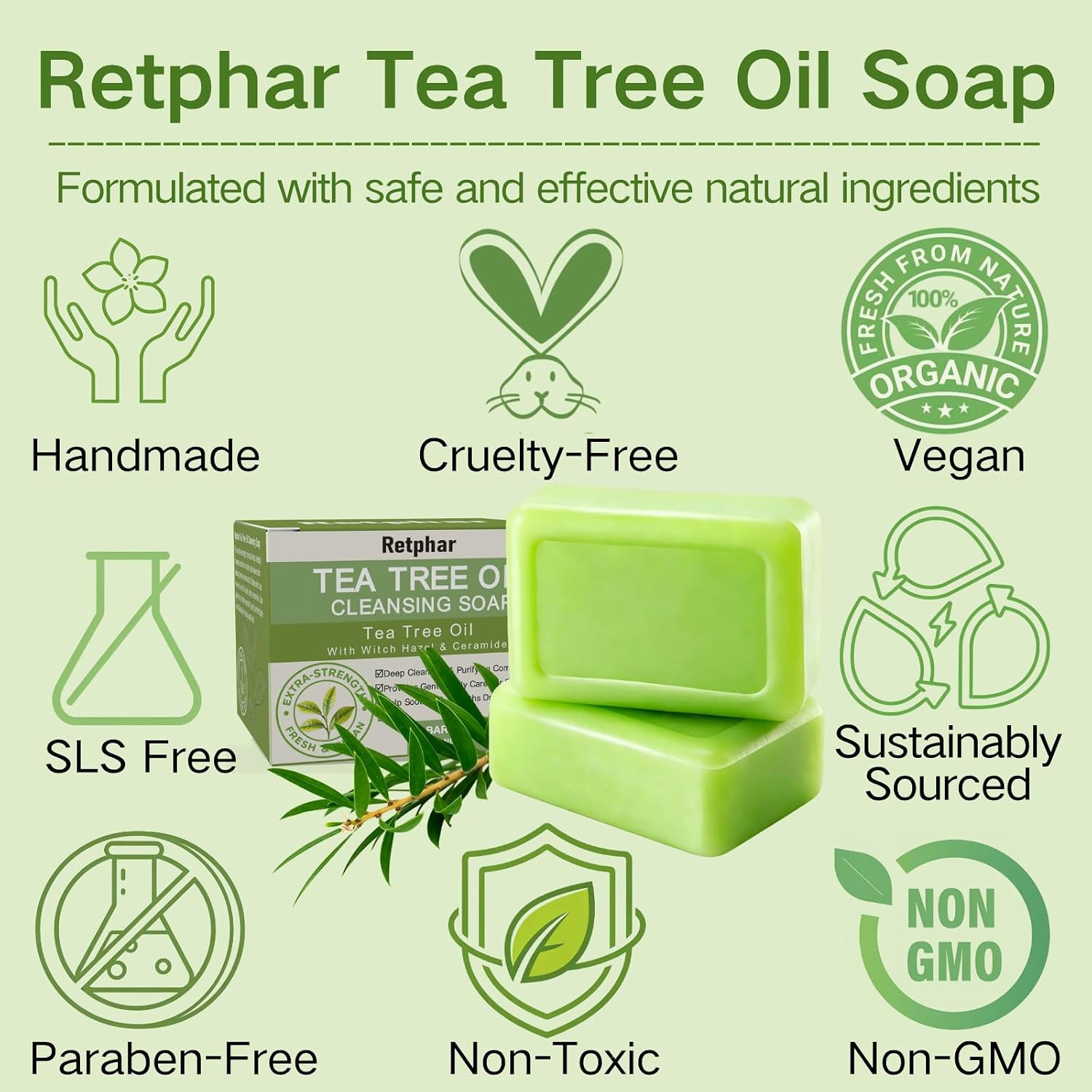 Antifungal Tea Tree Oil Soap Bar, 4.2 Oz Each 2 Pack | Green Herbal Cleansing, F