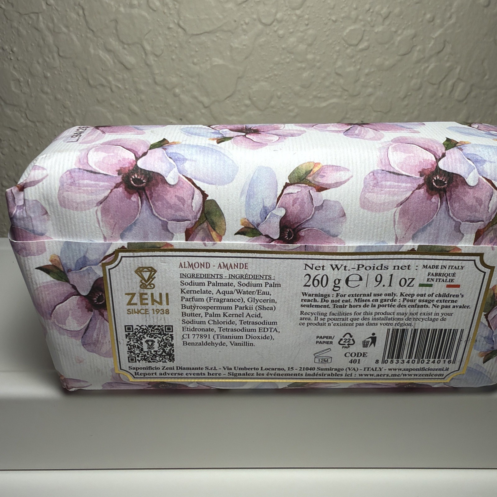ZENI DIAMANTE ALMOND FINE TRIPLE MILLED SOAP BAR MADE IN ITALY 9.1 OZ.