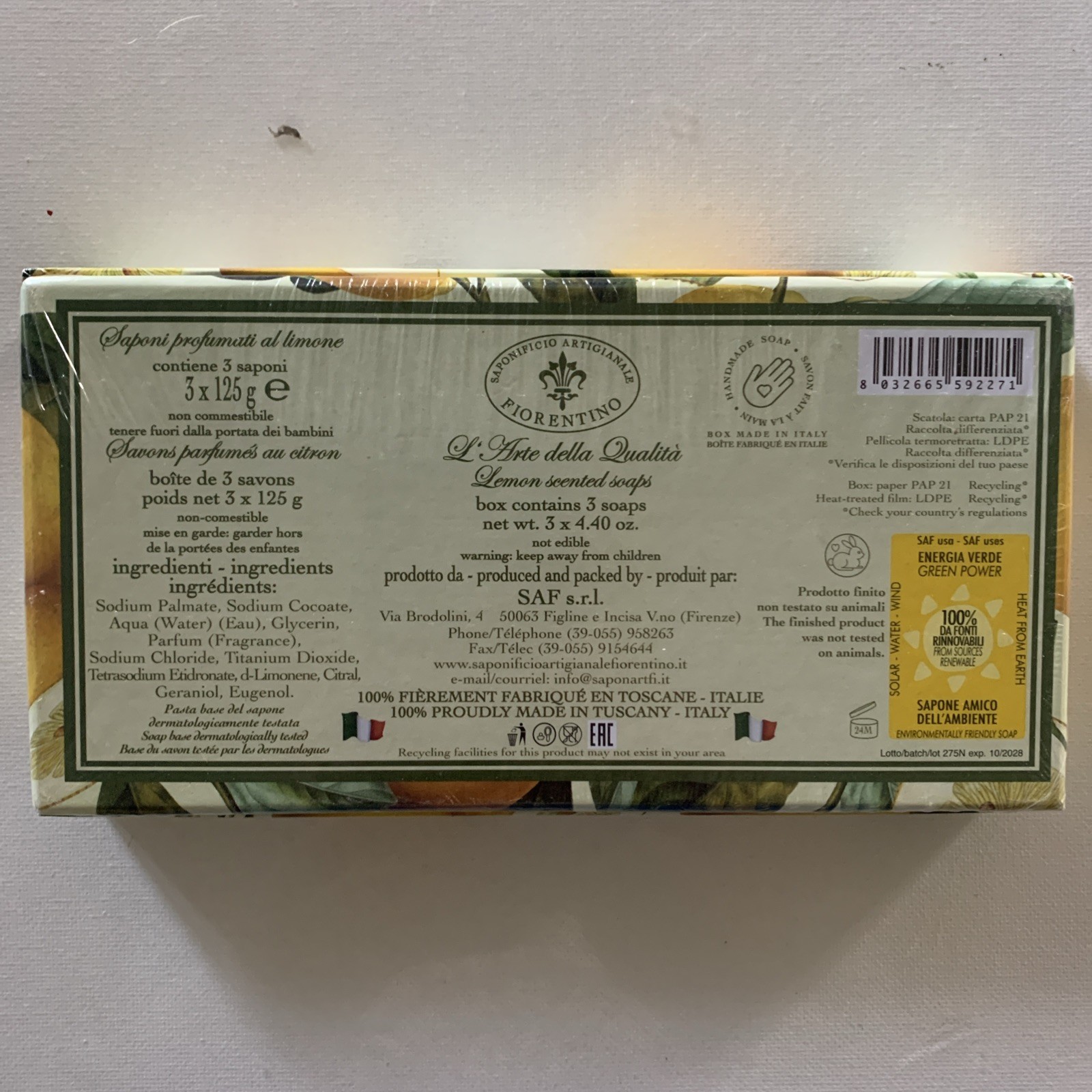 Saponificio Artigianale Fiorentino Italian Limone Soap 3 Pack 4.40 oz. NEW