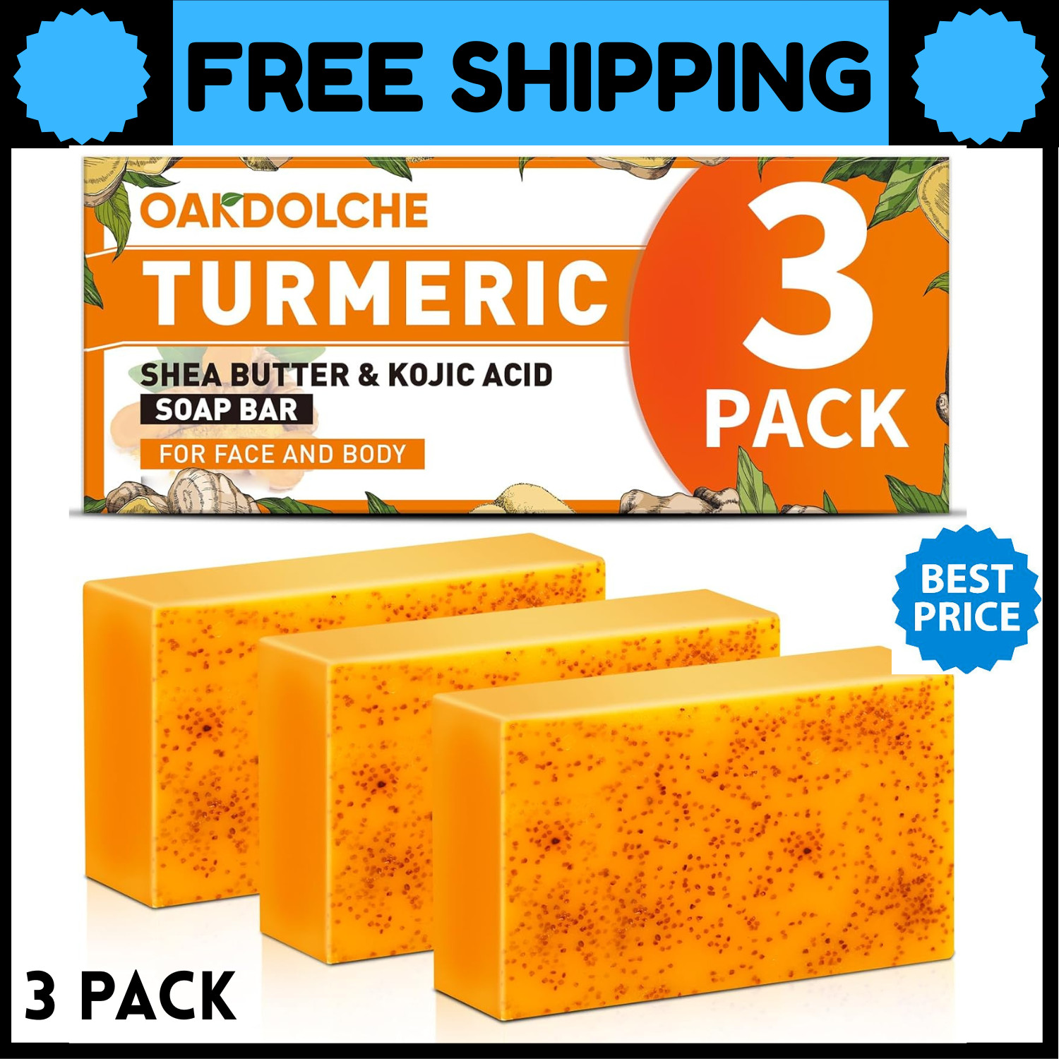 3 Pack Turmeric Kojic Acid Soap Bars – Infused with Retinol, Hydrolyzed Collagen