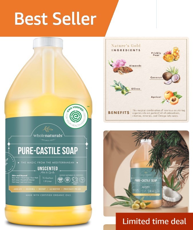 EWG Verified Unscented Castile Soap, 64 Fl Oz – Gentle for Skin & Eco-Friendly