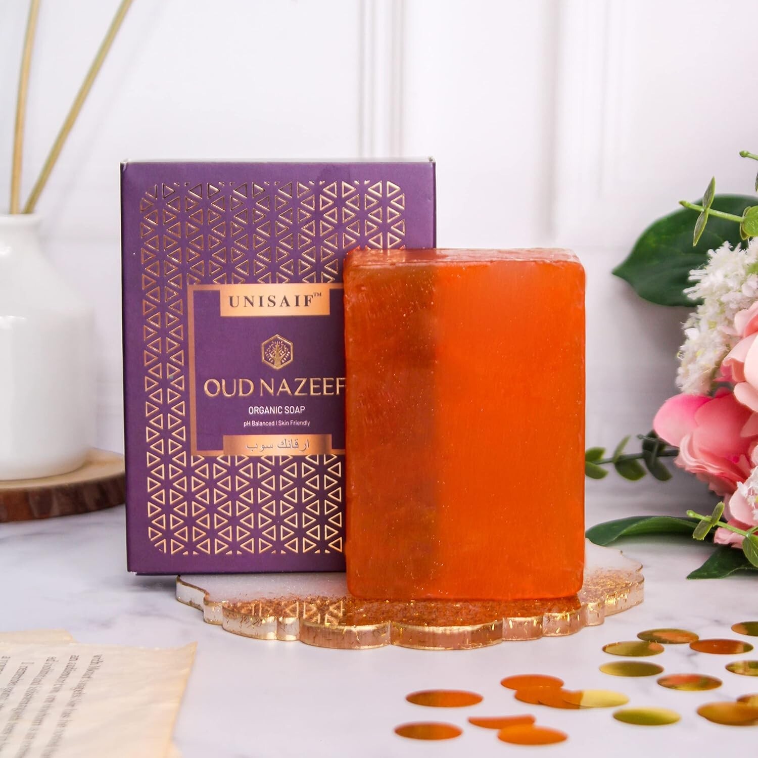 Unisaif Oud Nazeef Organic Soap Bar 125g, Shea Butter, Gentle for Dry Skin