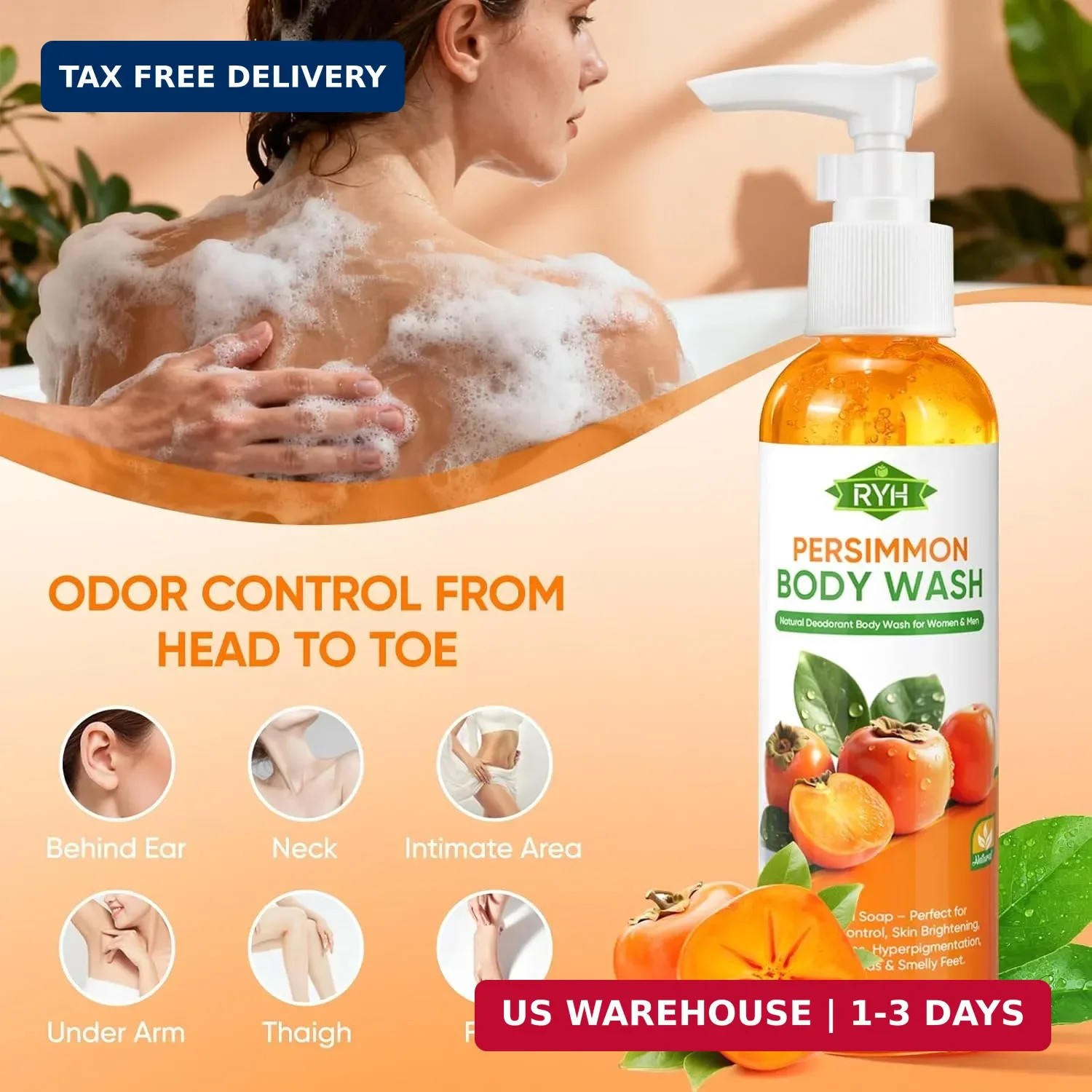 RYH Persimmon Body Wash for Odor Control – Natural Deodorant Soap Unisex 8.5 fl