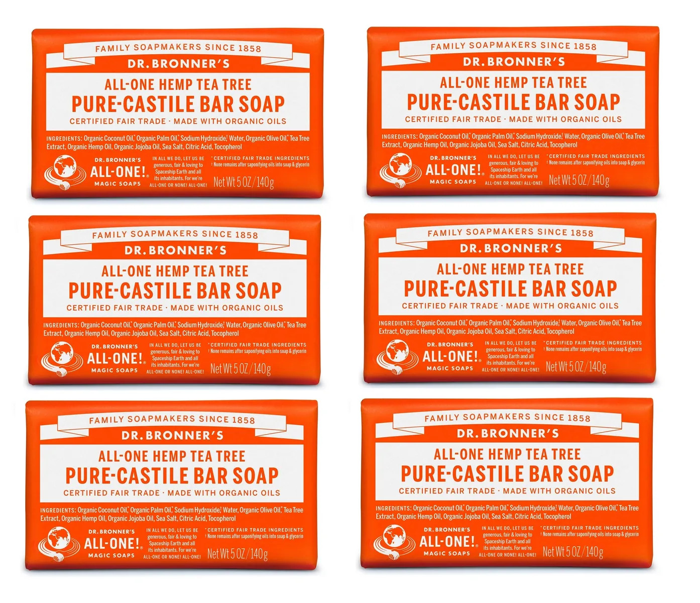 Dr. Bronner’s All-One TEA TREE Pure Castile Bar Soap 5 oz ****VALUE 6 PACK****